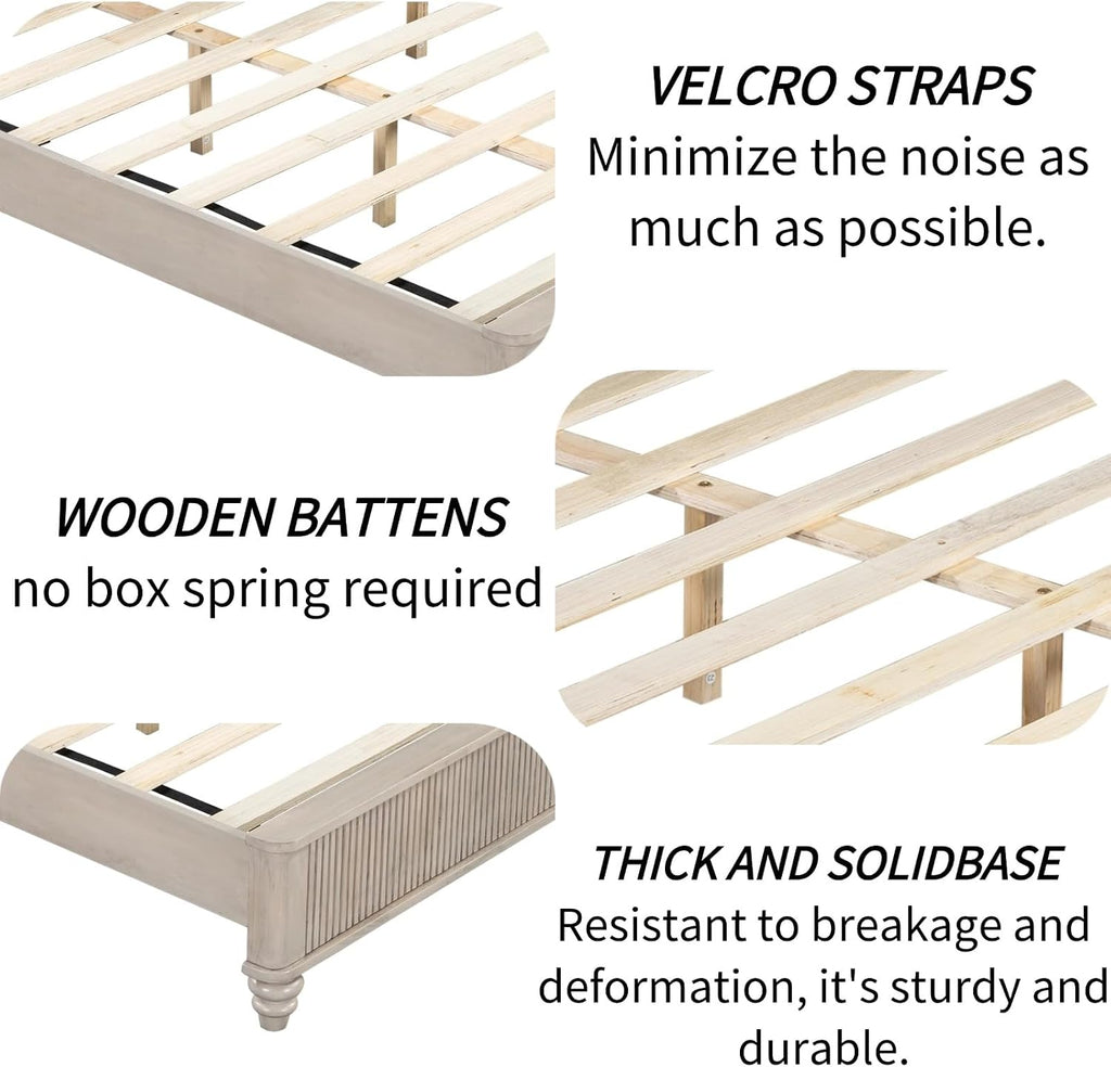 Wood King Size Bed Frame,King Size Platform Bed with Headboard,Tall Walnut Finish,No Box Spring Needed, Durable Slat Support for Memory Foam Mattresses, Elegant Design,Beige