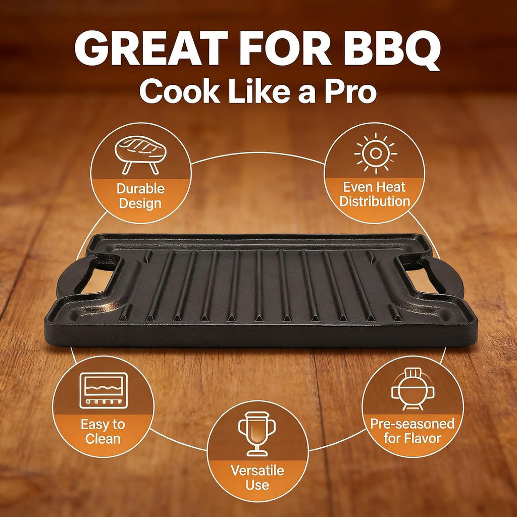 Cast Iron BBQ Grill Plate Rectangular, Thickened Even Heating Griddles for Meats Vegetables - Durable Heat, Multipurpose Cooking, Ideal for Outdoor and Indoor Use