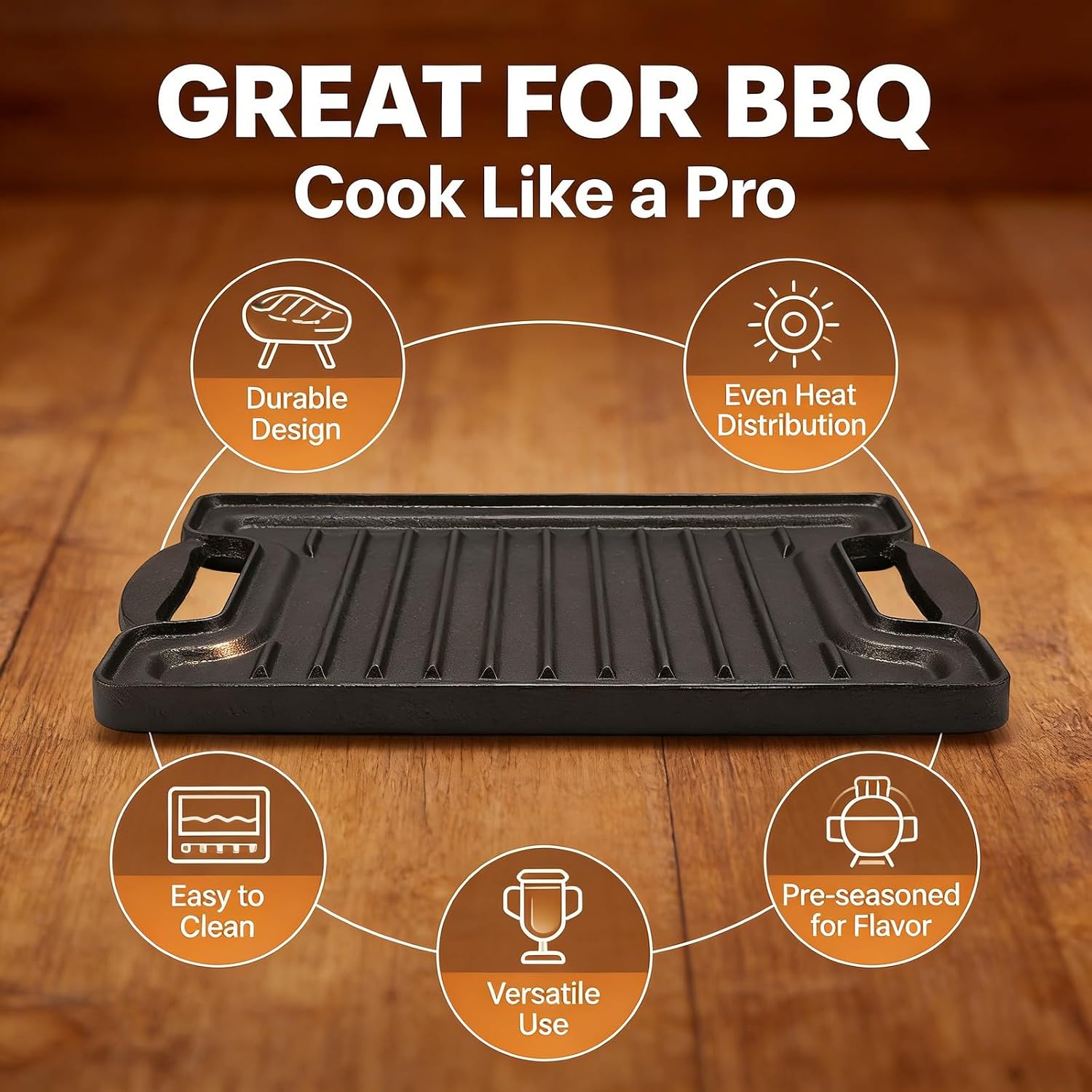 Cast Iron BBQ Grill Plate Rectangular, Thickened Even Heating Griddles for Meats Vegetables - Durable Heat, Multipurpose Cooking, Ideal for Outdoor and Indoor Use