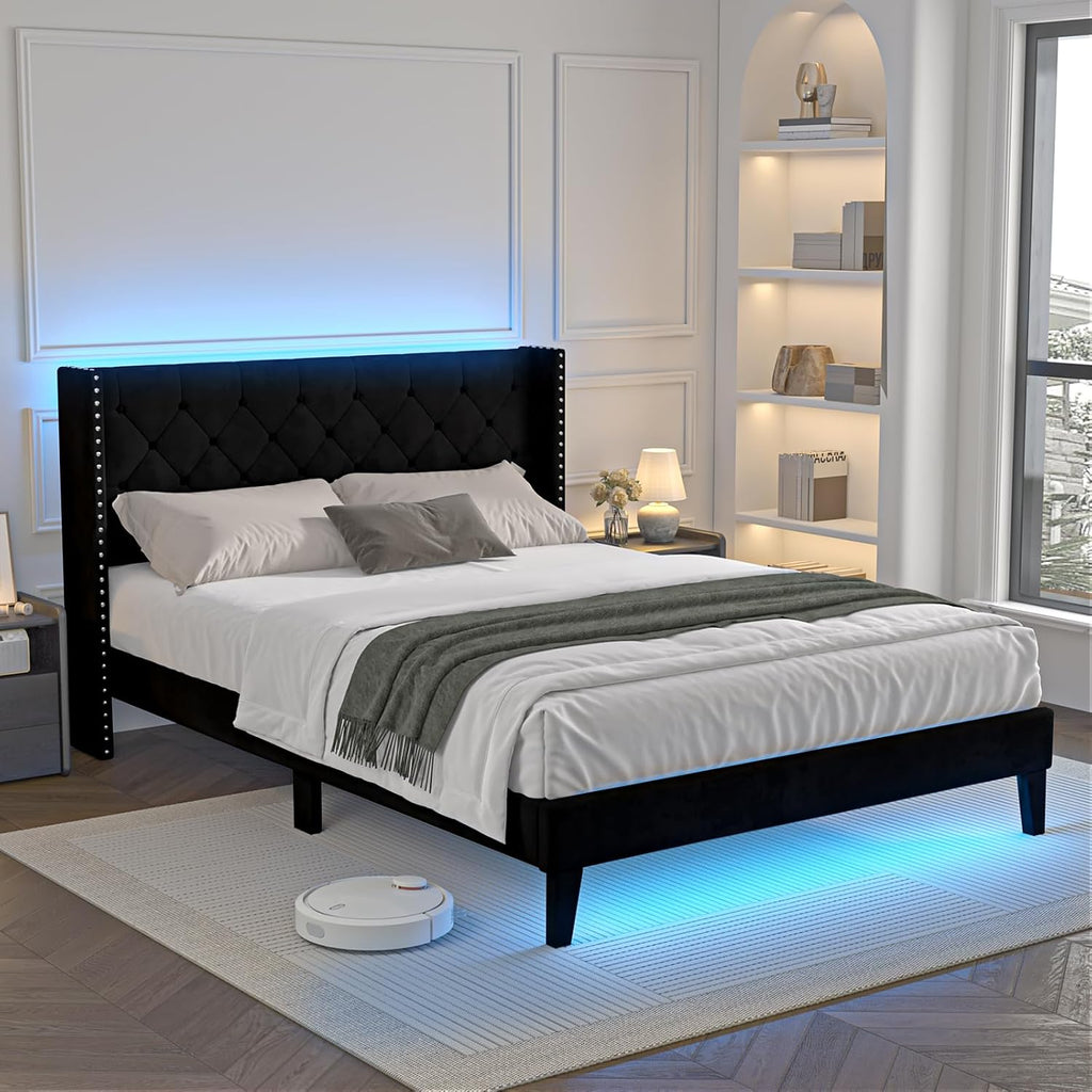 Lihimte Full Size Bed Frame with Led Lights, Upholstered Velvet Platform Bed Frames with Button Tufted Wingback Headboard and Footboard, Wooden Slats Support, No Box Spring Needed, Black