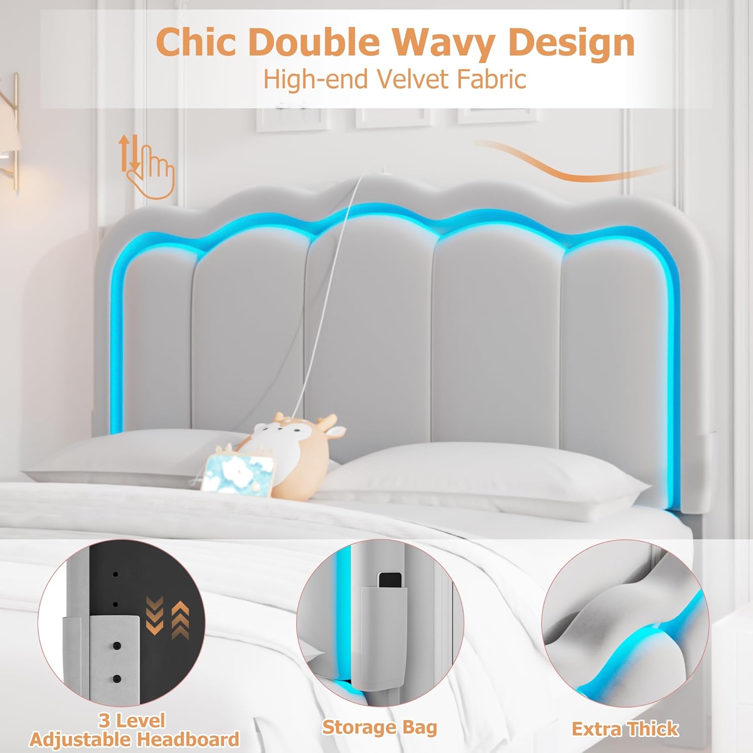 Velvet Upholstered Full LED Bed Frame with 2 Storage Drawers and Adjustable Chic Double Wavy Headboard, Princess Platform Bed with Charing Station, Solid Wood Slats Support,No Box Spring Needed,Grey