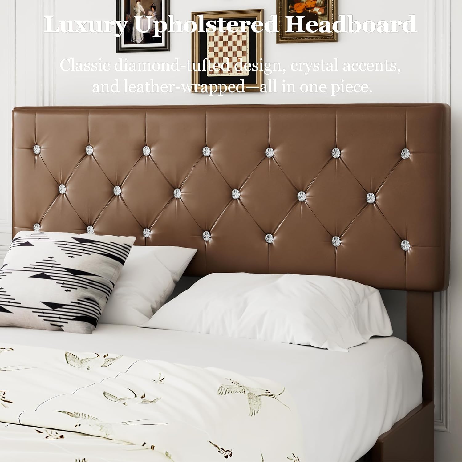 VECELO Full Size Bed Frame with 3 Storage Drawers, Leather Upholstered with Diamond Tufted Headboard, Solid Wood Slat Support & Steel Framework, PU & Brown