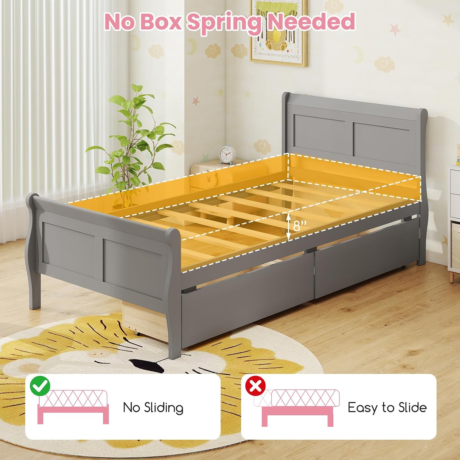 KOMFOTT 2 Twin Bed with 2 Drawers, Twin Storage Bed with Headboard for Bedroom, Sleigh Wood Bed Frame with Wooden Slats Support for Kids, Teens, Adults, No Box Spring Needed (Grey)