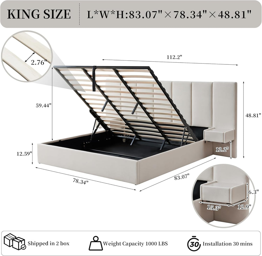 King Size Upholstered Platform Bed Frame with Lift-Up Storage, Velvet Headboard & Built-in Nightstands, No Box Spring Needed, Beige