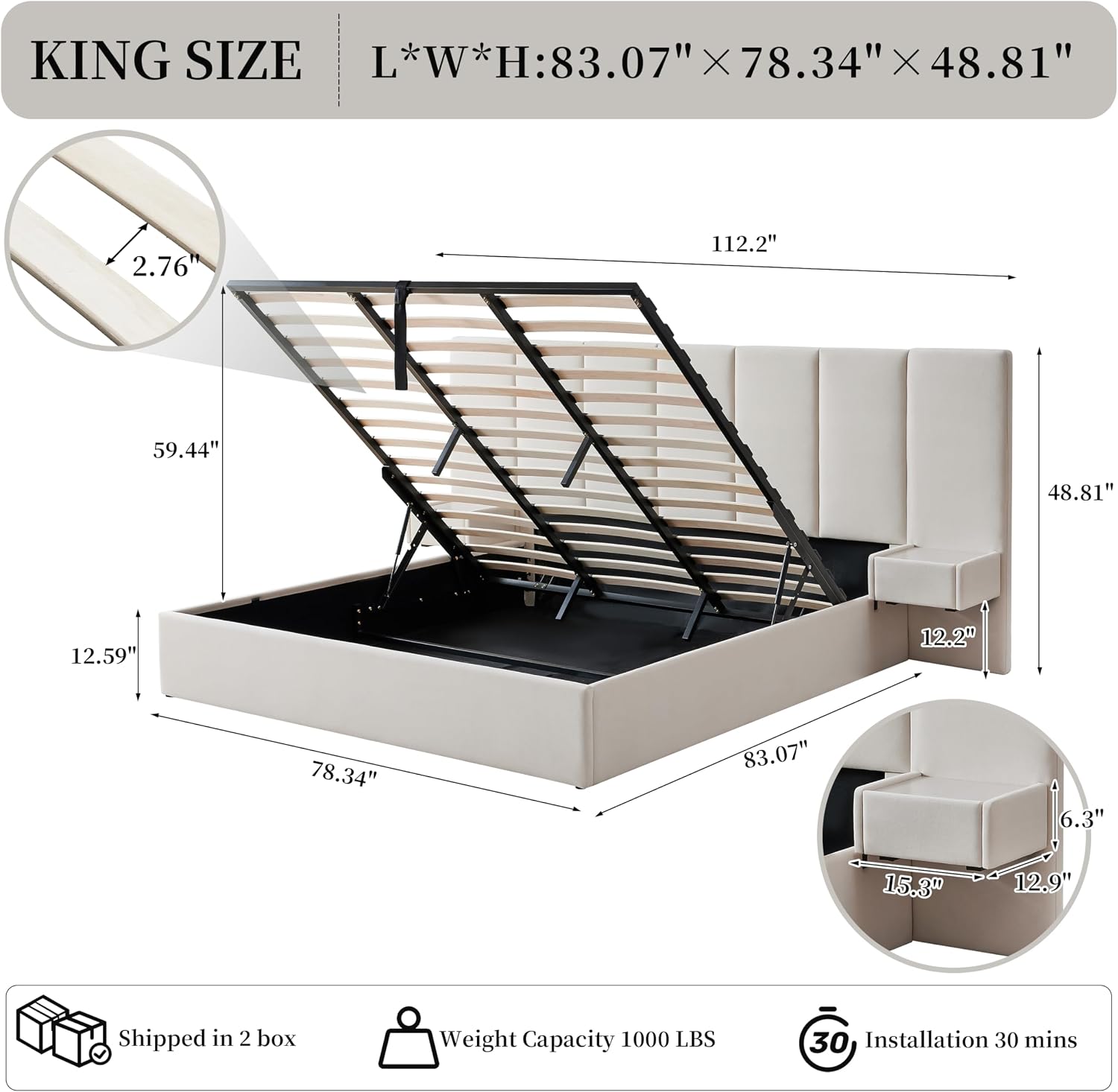 King Size Upholstered Platform Bed Frame with Lift-Up Storage, Velvet Headboard & Built-in Nightstands, No Box Spring Needed, Beige