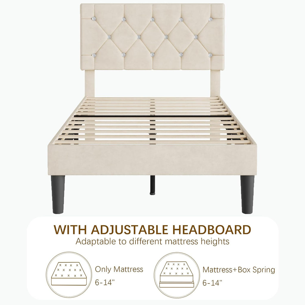 VECELO Twin Size Bed Frame, Upholstered Platform with Adjustable Diamond Tufted Headboard, Wood Slat Support, No Box Spring Needed, Pala Beige