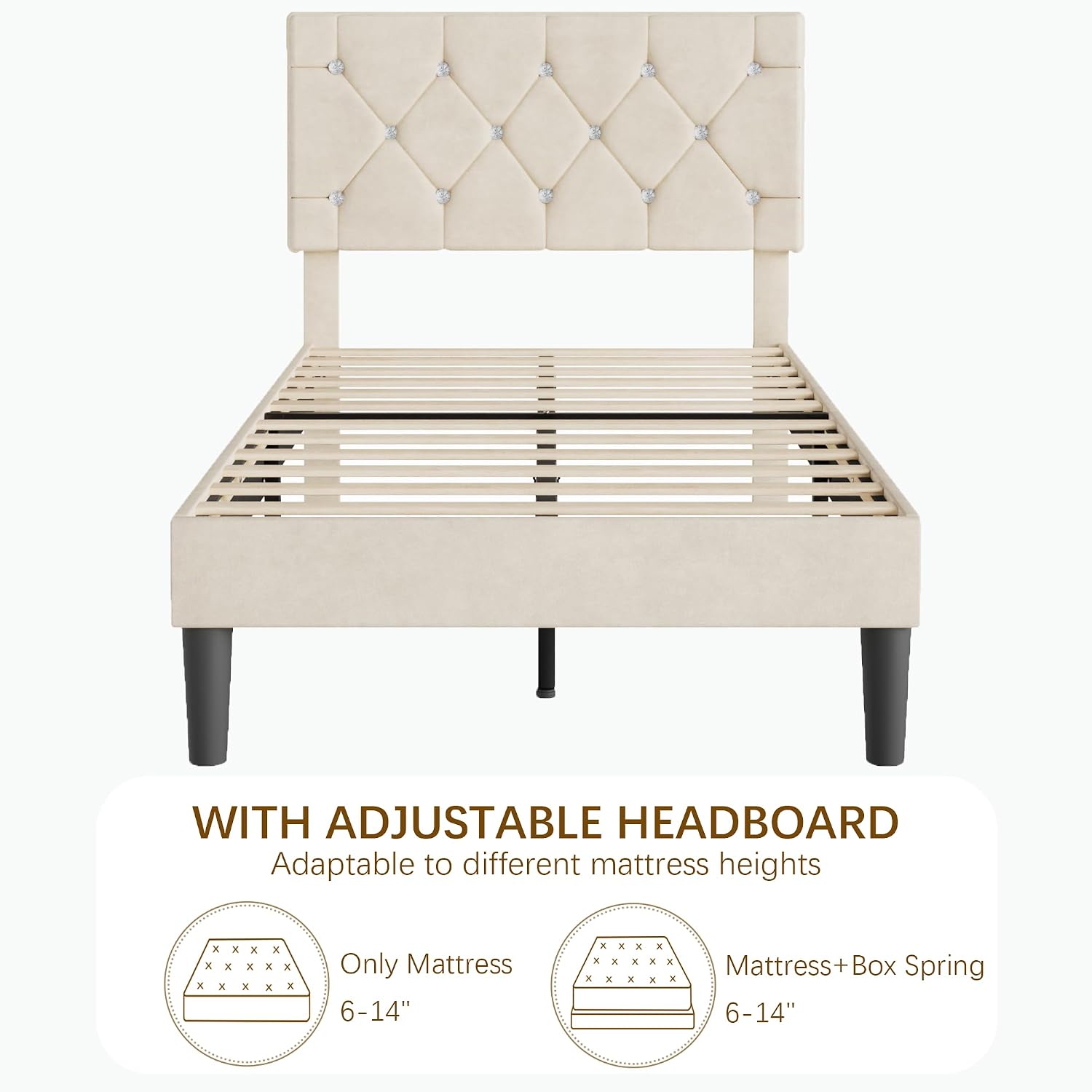 VECELO Twin Size Bed Frame, Upholstered Platform with Adjustable Diamond Tufted Headboard, Wood Slat Support, No Box Spring Needed, Pala Beige