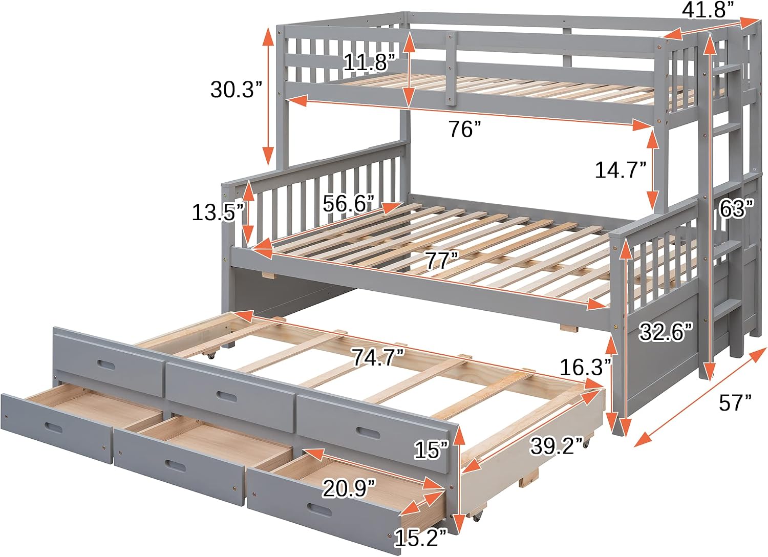 Harper & Bright Designs Twin Over Full Bunk Bed with Twin Size Trundle and 3 Storage Drawers, Solid Wood Bunk Bed Frame with Ladder, Grey