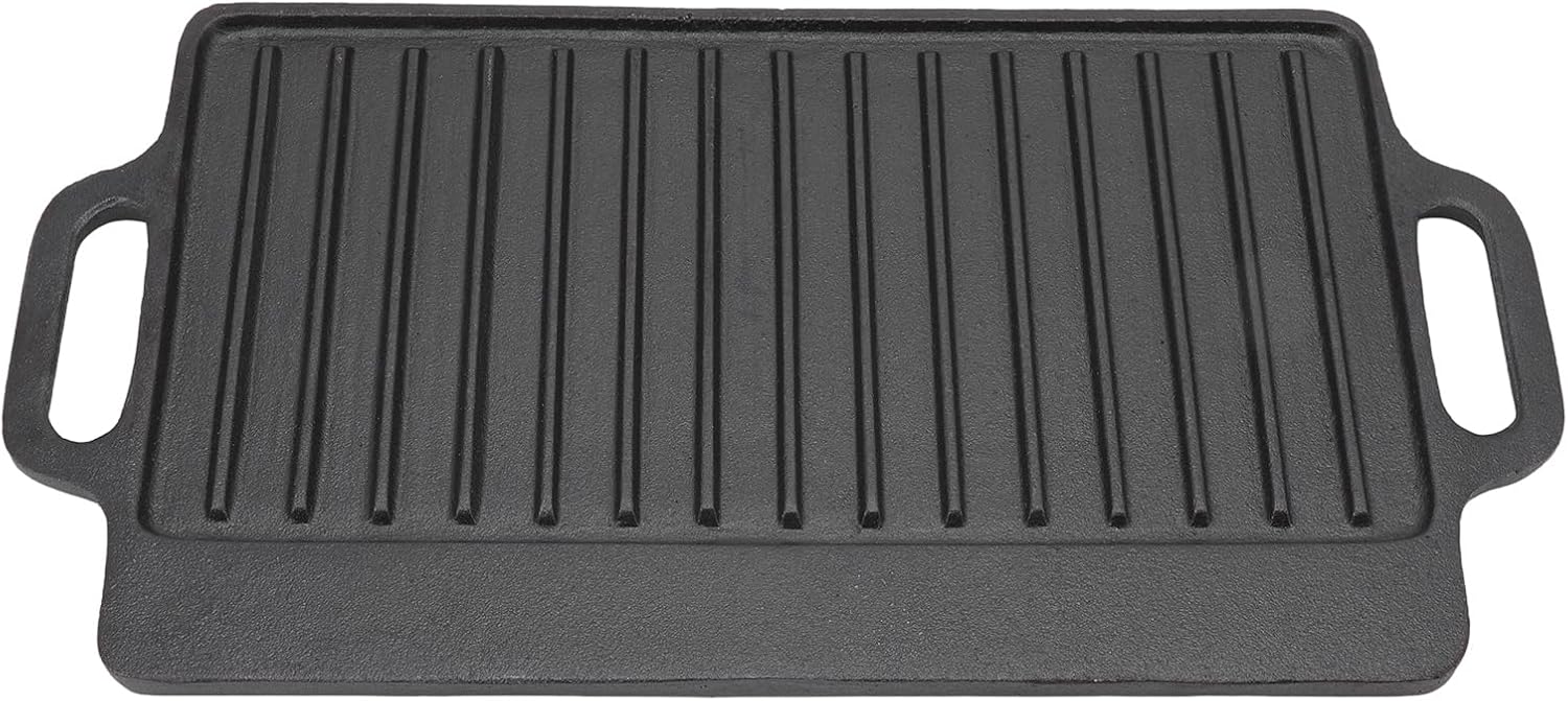 Cast Iron Grill Griddle, Double Sided Rectangular Teppanyaki Plate with Easy Grip Handles, for Barbecue Steak Chicken Pancakes Bacon Eggs (51x23CM)