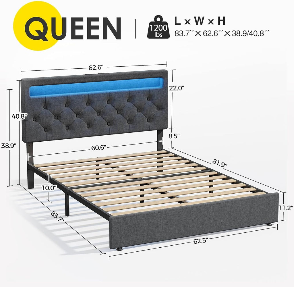 Rolanstar Queen Size Bed Frame with Charging Station, LED Bed with Under Bed Storage, Adjustable Headboard 38.9/40.8 Inches, No Box Spring Needed, Noise Free, Easy Assembly, Grey