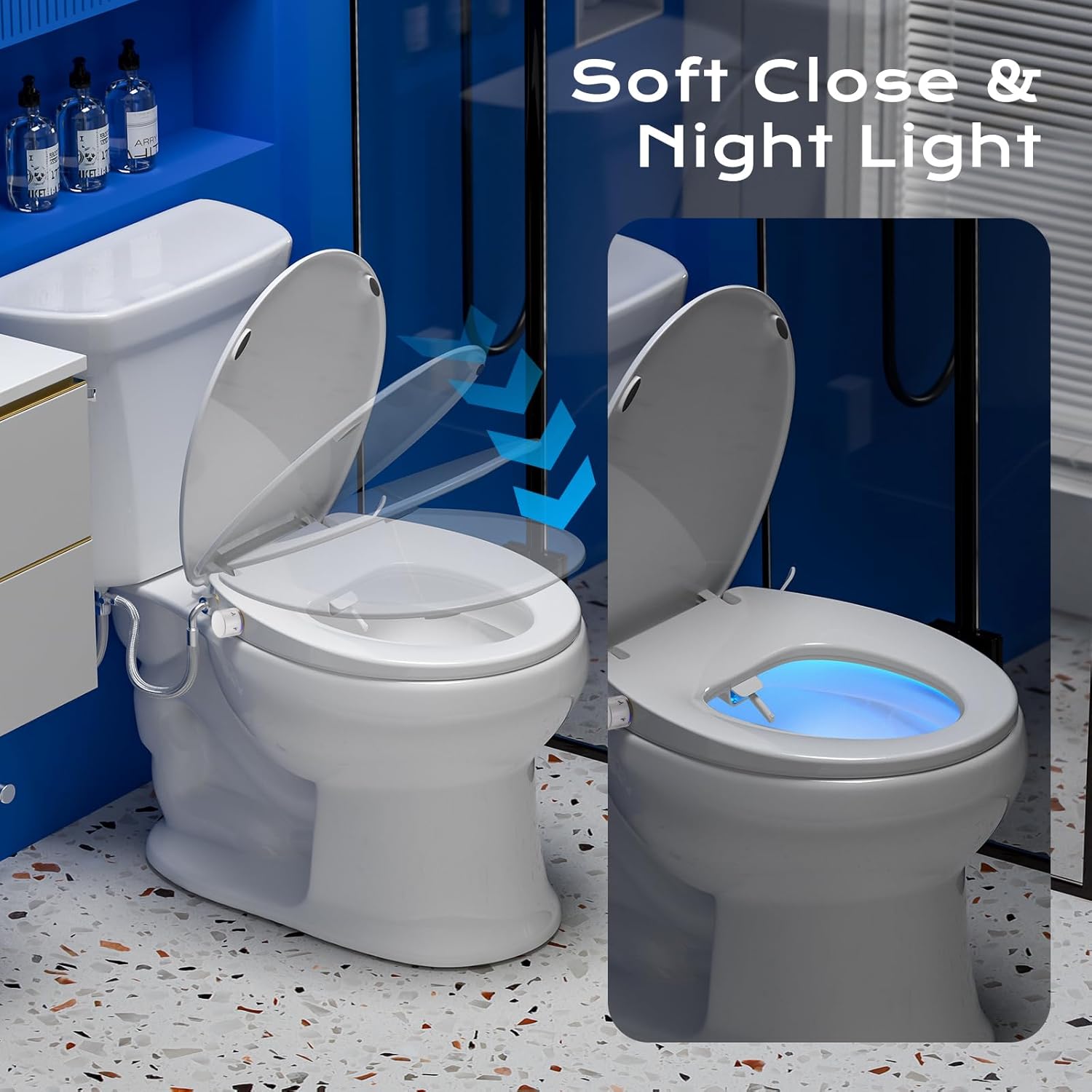 Clirass Round Heated Toilet Seat with Night Light, Three Temperature Settings Heated Seat,70 in Power Cord, Fit Round Toilet, Cold Water Bidet Function Toilet Seat With Slow Close