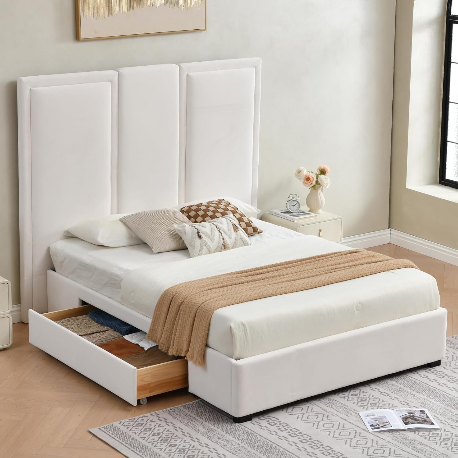YUHUASHI Queen Size Bed Frame with 64-inch High Headboard, Simple and Airy Linen Upholstered Platform Bed with Storage Drawers, Wood Slat, No Noise (White, Queen (U.S. Standard))