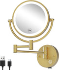 Rechargeable Wall Mount Makeup Mirror Gold for Bathroom, Upgraded Brightness 3 Colors LED Dimmable 360 Rotation Wall-Fixed Ergonomically 1X/5X Magnifying Mirror with Swing Arm, Brushed Gold