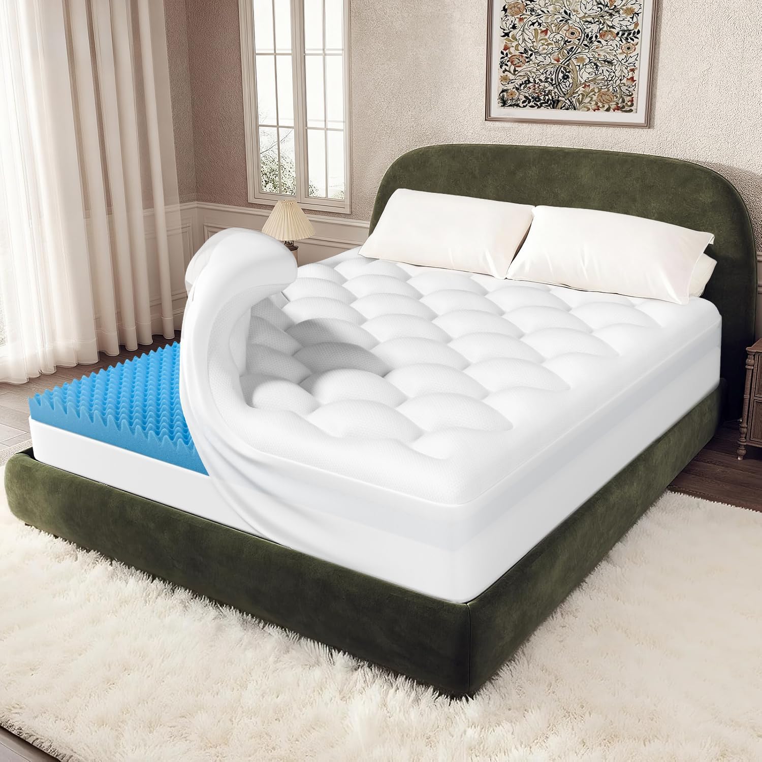 OhGeni Cooling 5 lnch Queen Size Dual Layer Mattress Topper, 3 Inch Egg Crate Gel Memory Foam, 2 Inch Pillow Top Pad, Bedroom Essentials Mattresses Cover, Extra Comfortable Sleep and Back Pain Relief
