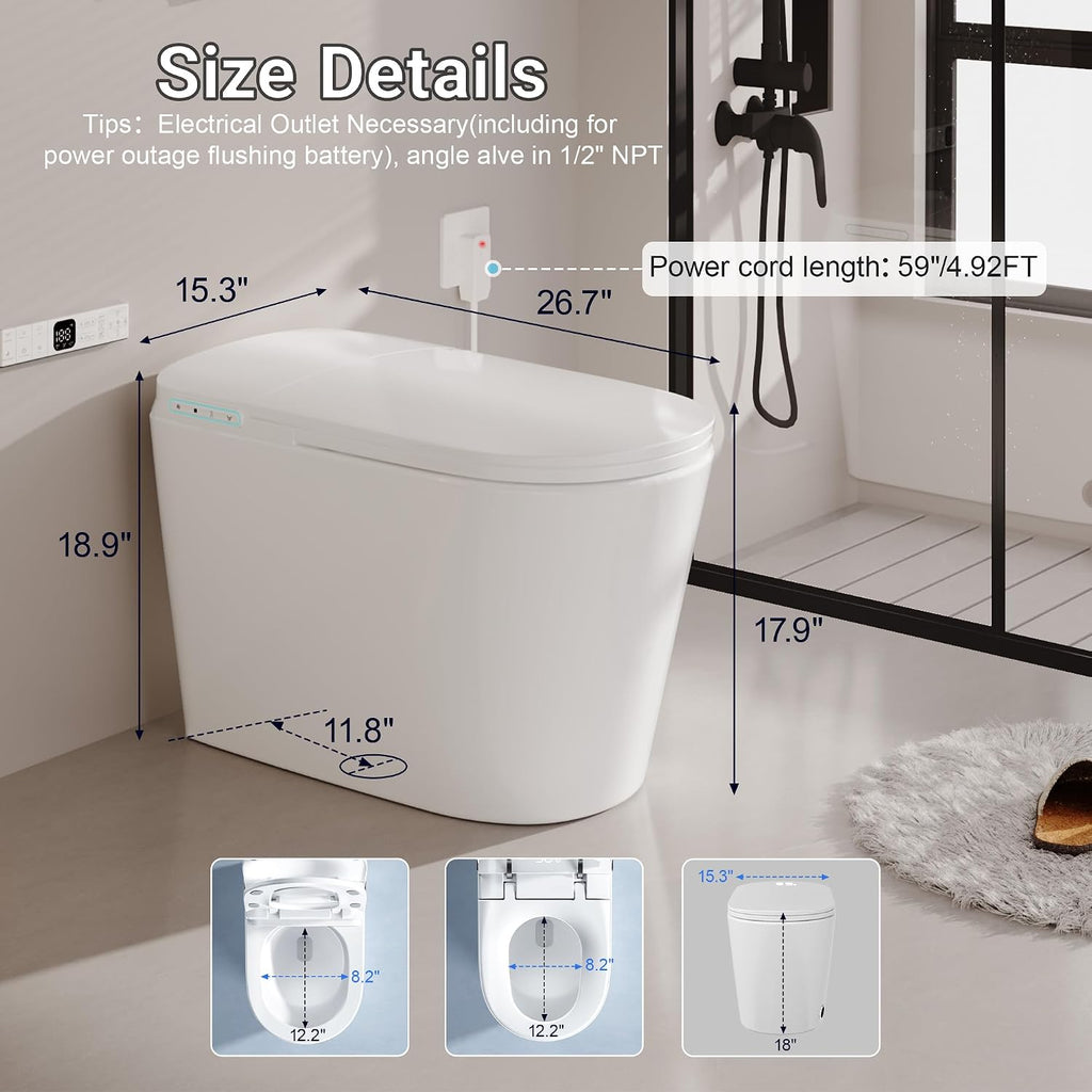 Smart Toilet with Tank, Luxury Electric Bidet Toilet with Cleaner Tablets, Elongated Heated Seat, Dual Auto Flush/Lid&Seat, Foot Sensor, UV-C light, One Piece Toilets with Dryer, LED Display