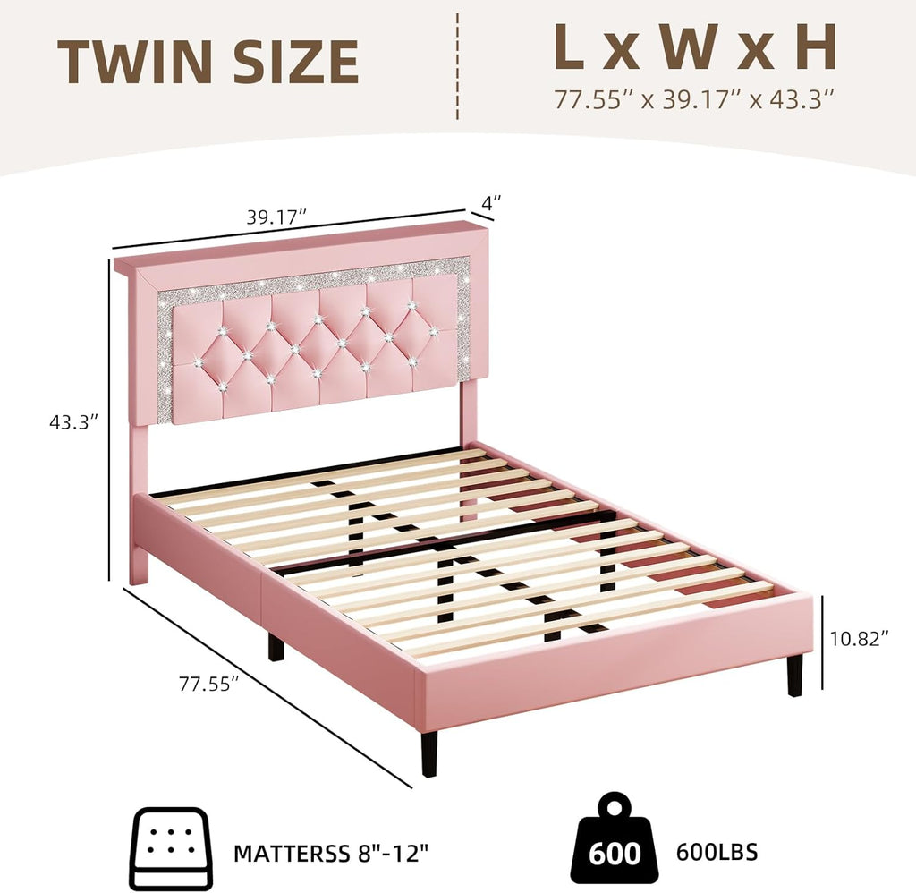 Twin Bed Frame with Storage Headboard, Upholstered Platform Bed Frame with Diamond Tufted Headboard and LED Lights, Wooden Slats Support, Noise Free, No Box Spring Needed, Easy Assembly, Pink