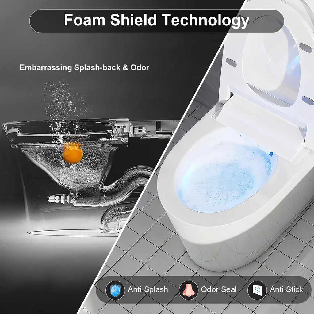Modern Smart Toilet with Foam Shield, No Bidet Build in, One Piece Tankless Toilet with Heated Seat, Auto Flush & Night Light, Auto Open/Close Lid