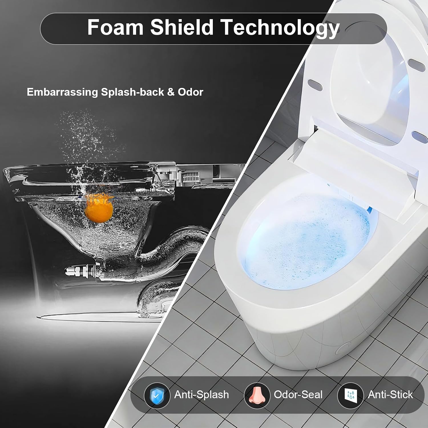 Modern Smart Toilet with Foam Shield, No Bidet Build in, One Piece Tankless Toilet with Heated Seat, Auto Flush & Night Light, Auto Open/Close Lid