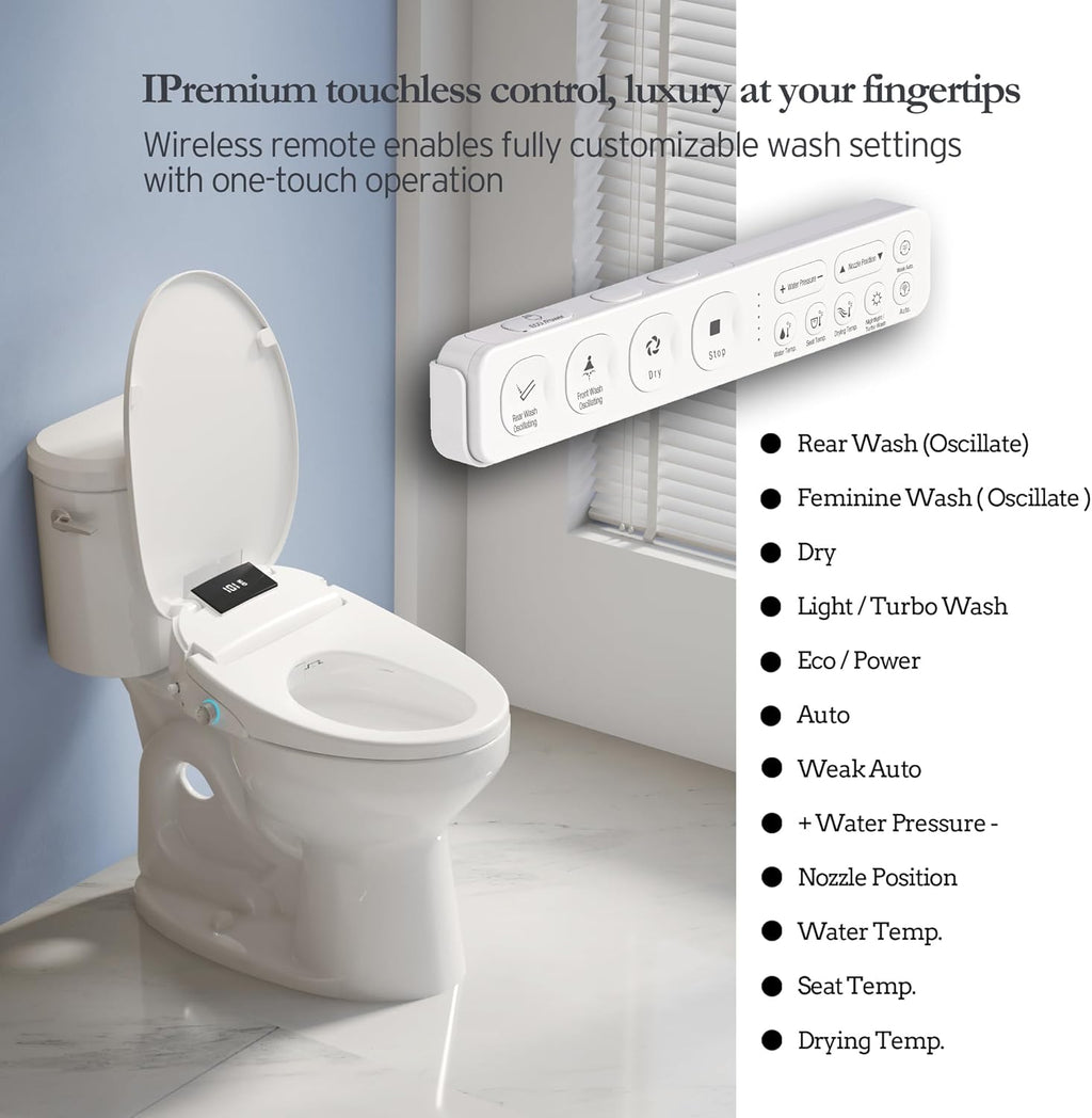 XCQQ Electric Bidet Toilet Seat with Remote Control, Heated Bidet Seat, Warm Water Wash, Warm Air Drying, Rear & Front Wash, Self-Cleaning Nozzle, Night Light, LED Display Requires Outlet - Elongated