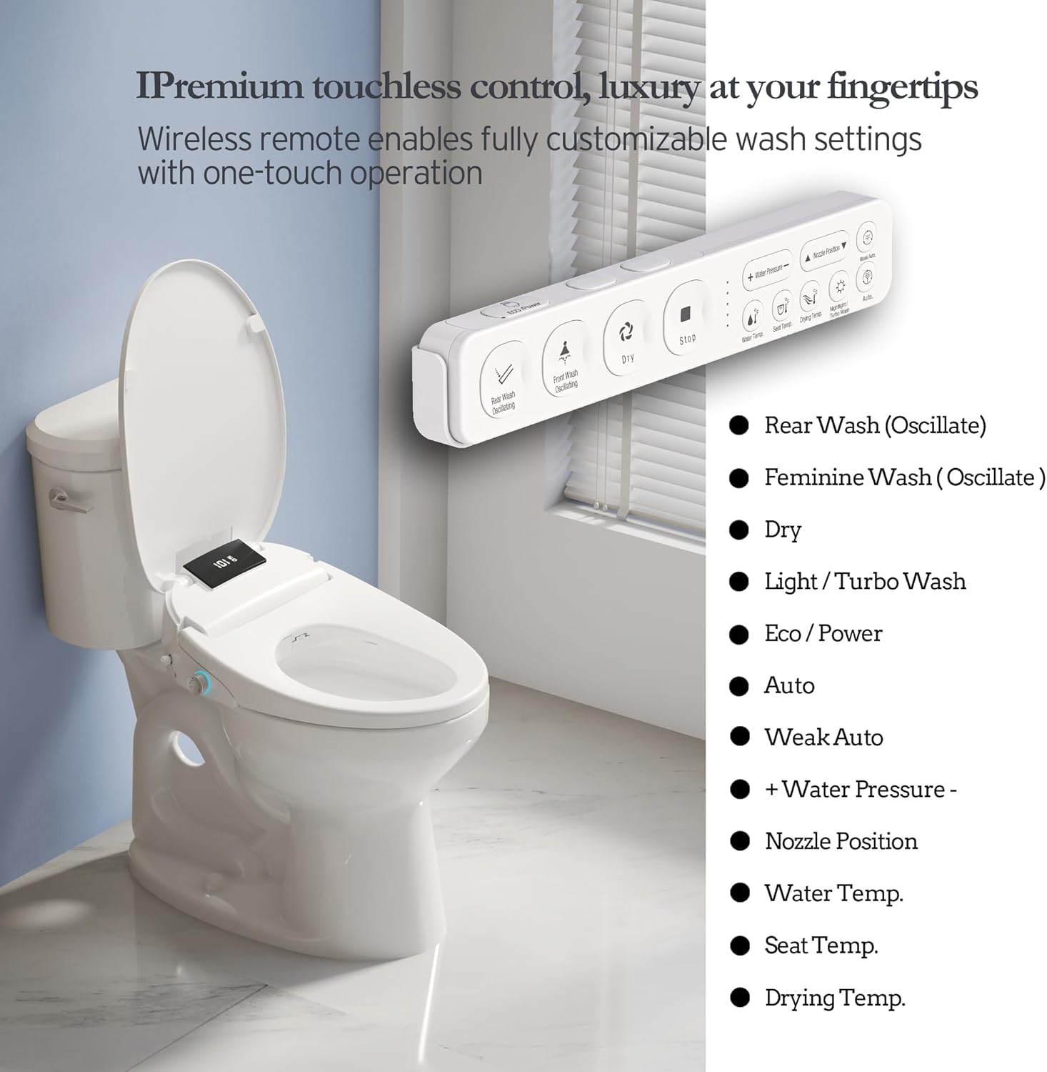XCQQ Electric Bidet Toilet Seat with Remote Control, Heated Bidet Seat, Warm Water Wash, Warm Air Drying, Rear & Front Wash, Self-Cleaning Nozzle, Night Light, LED Display Requires Outlet - Elongated