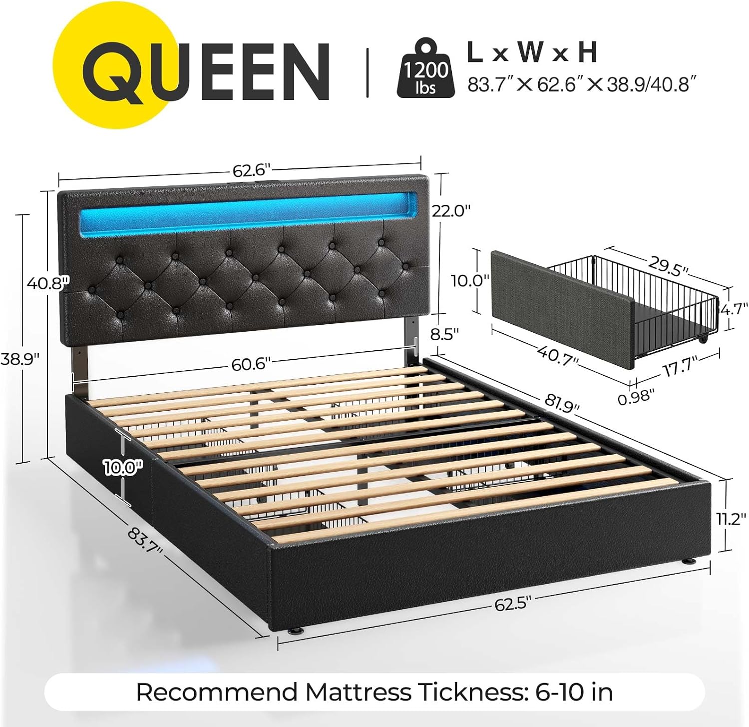 Rolanstar Queen Bed Frame with 4 Storage Drawers and Charging Station, Queen Bed with Led Lights, 2 USB & 1 Type C, Adjustable Headboard 38.9/40.8 Inches, No Box Spring Needed, Black