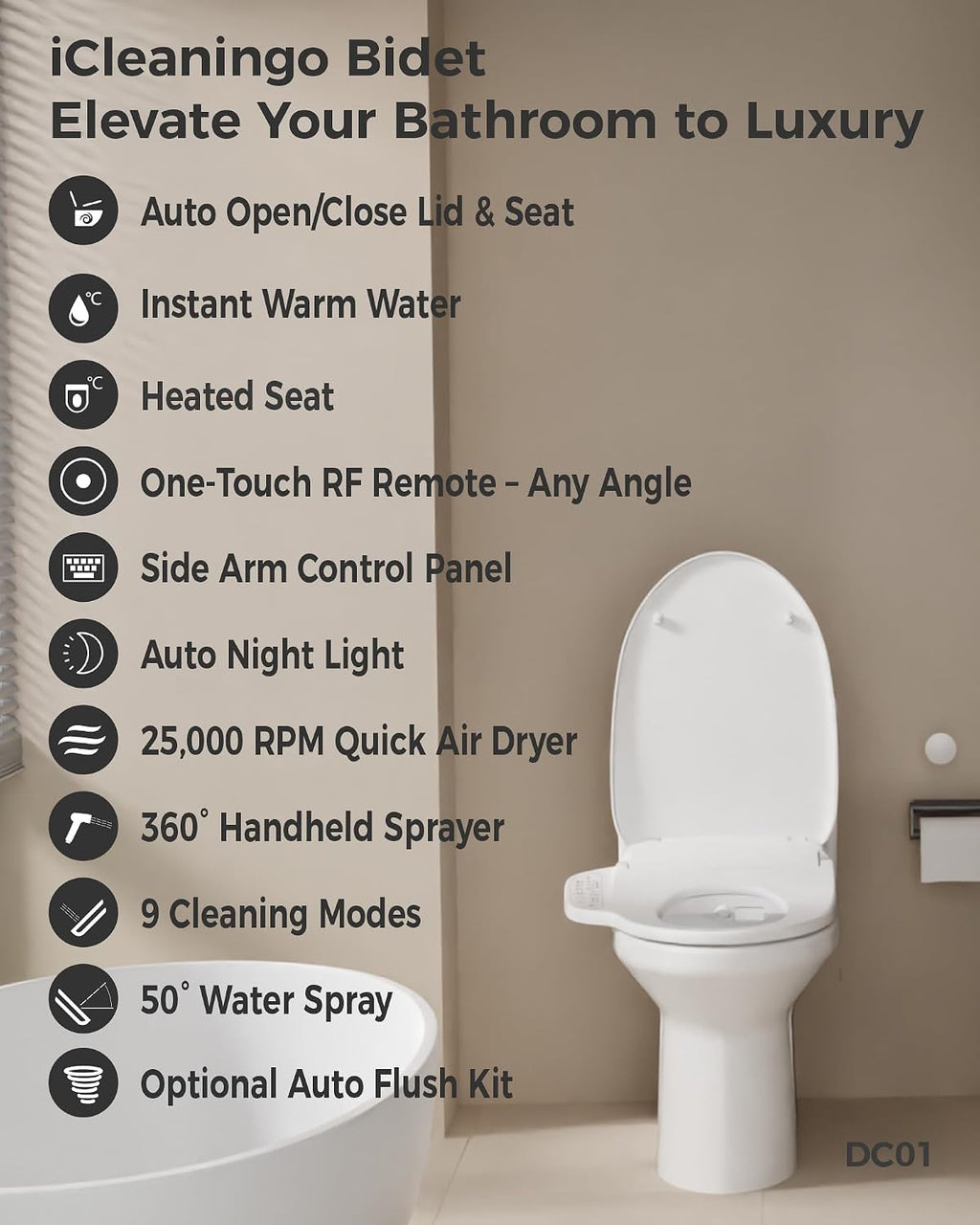 DC01 iCleaningo Electric Bidet Toilet Seat, Side Panel Control, Instant Heating, Warm Water Wash, Heated Seat, Warm Air Dry, Auto Open & Close Lid, 360° Handheld Sprayer, Elongated, Remote