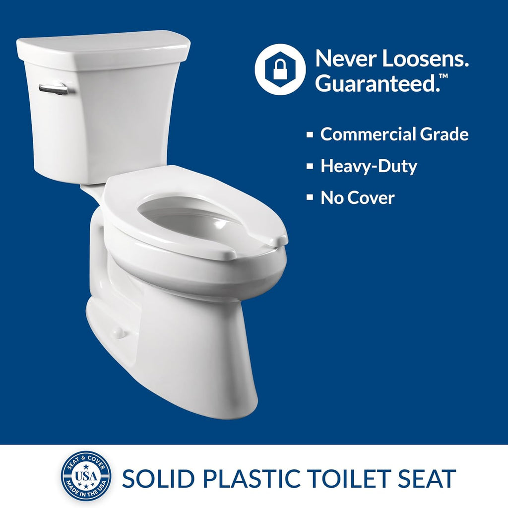 Bemis 6 Pack Commercial Open Front Plastic Toilet Seat, Heavy Duty Industrial Seat Without Lid, Secure Installation for Long Lasting Use, Made in USA, Elongated, White, 1955CT