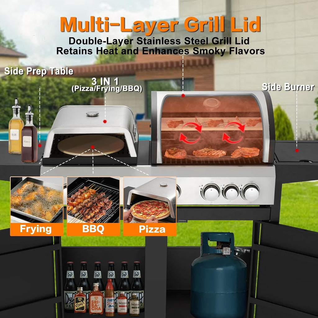 3 IN 1 Pizza Griddle Grill Combo, 74,000 BTU 5-Burner Stainless Steel Propane Gas Grill with Side Burner, Porcelain Enameled Cast Iron Grates, Griddle & Pizza Oven for Outdoor Patio Backyard