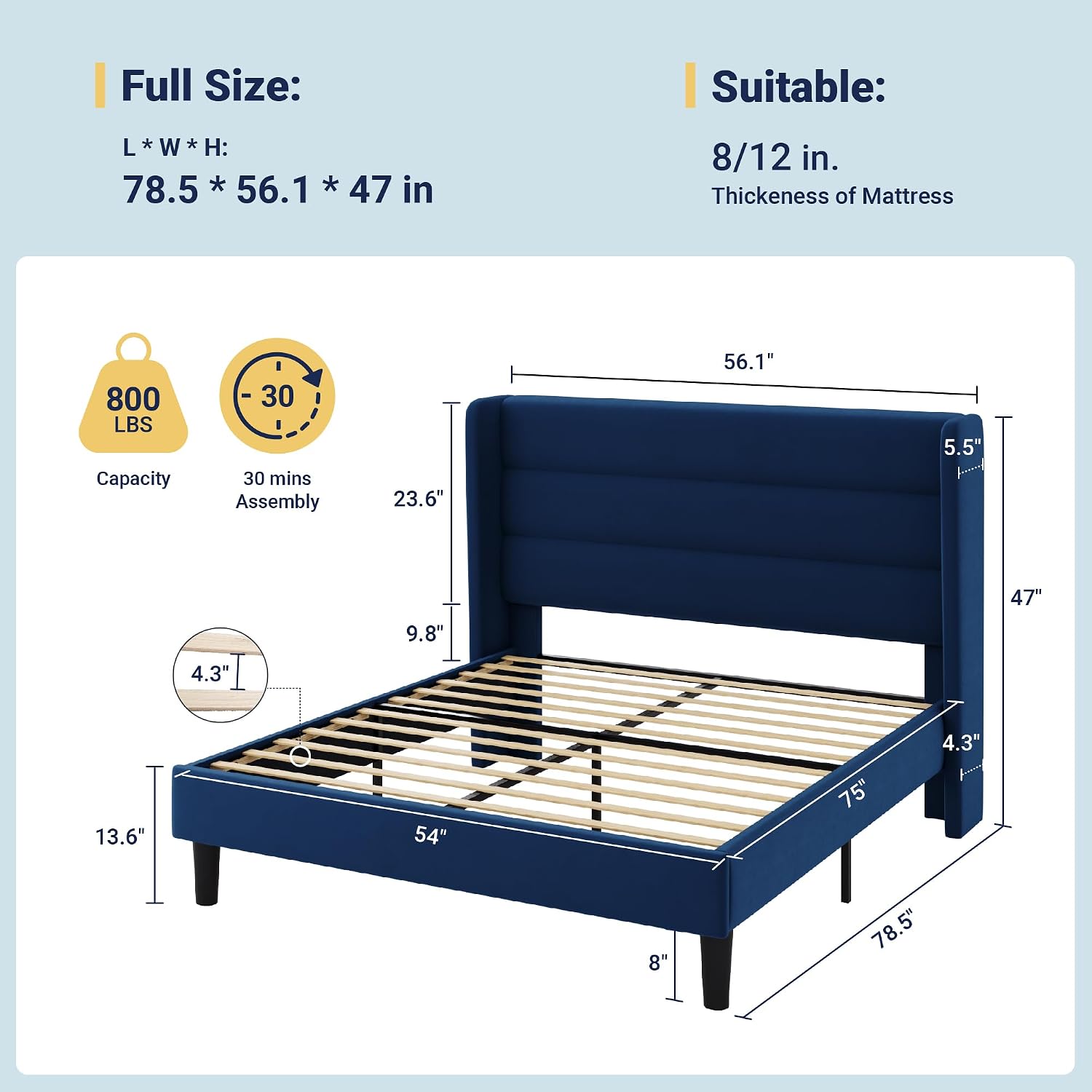 Allewie Full Size Platform Bed Frame with Velvet Upholstered Wingback Headboard, No Box Spring Needed, Under Bed Storage Space, Wooden Slats, Modern Mattress Foundation, Easy Assembly, Blue