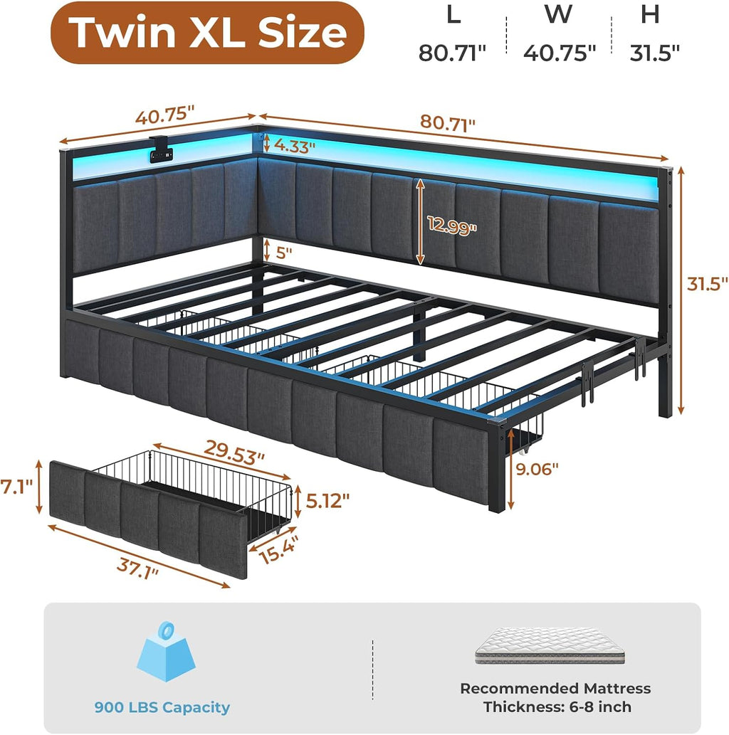 DICTAC Corner Bed Frame with 2 Storage Drawers and Charging Station Twin XL Metal Platform Bed Frame with Led Lights and Upholstered Guardrail Twin XL Daybed for Kids/Teen,No Box Spring Needed,Gray