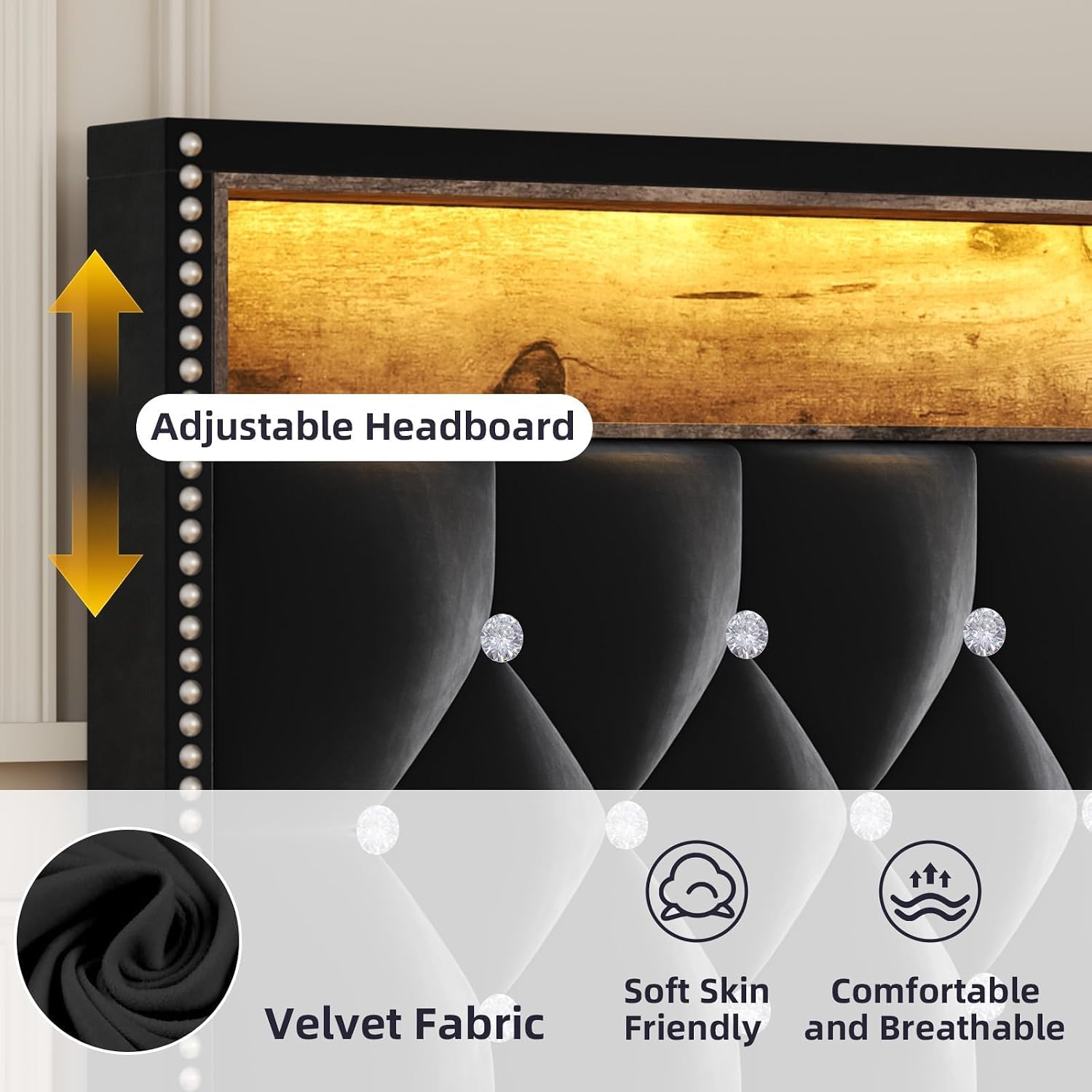 HOMBCK Queen Size Bed Frames with LED Lights and Headboard, Velvet Upholstered Beds Frames Queen with Charging Station and Storage, Modern Diamond and Rivet Design, No Box Spring Needed, Black