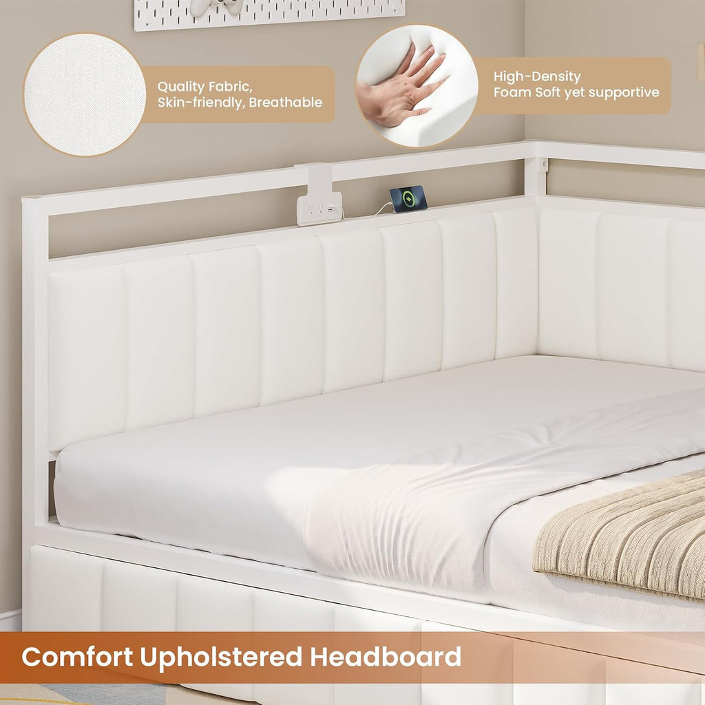 Hasuit Queen Corner Bed Frame with Storage Drawers, Queen Size Daybed with Line Fabric Upholstered Fence, Kids Bed Unit with LED Light and Charging Station, Modern Bed Frame Queenl Size, Beige
