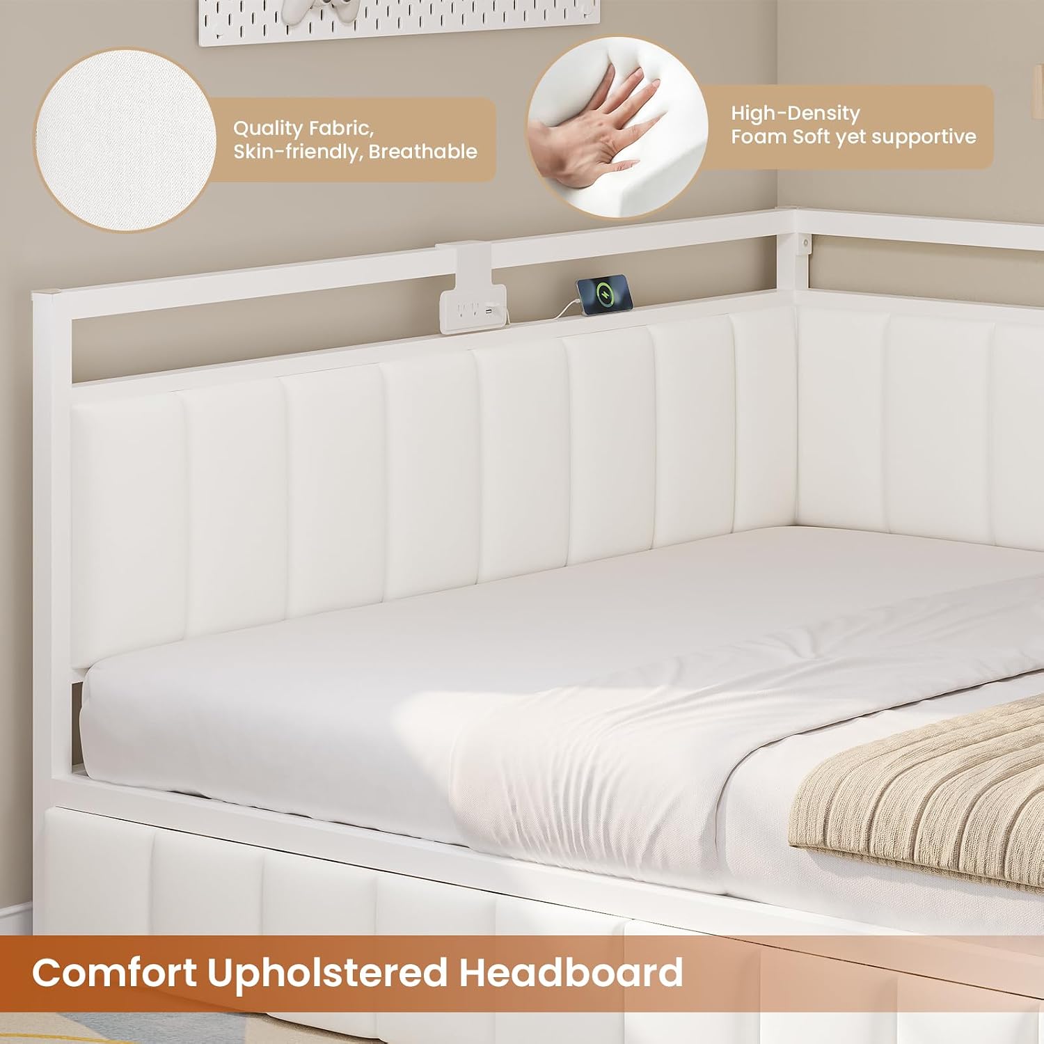 Hasuit Queen Corner Bed Frame with Storage Drawers, Queen Size Daybed with Line Fabric Upholstered Fence, Kids Bed Unit with LED Light and Charging Station, Modern Bed Frame Queenl Size, Beige