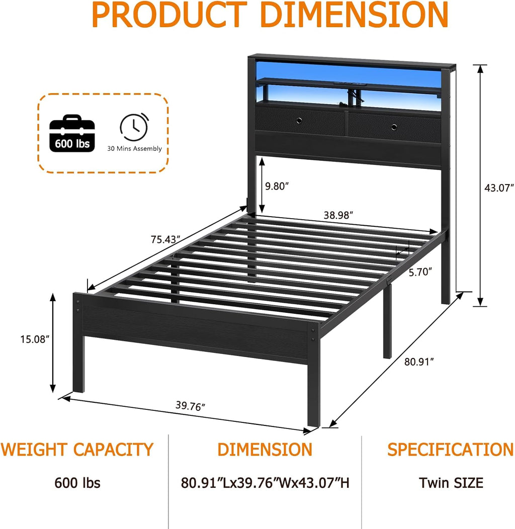 Furnulem Twin Bed Frames with Charging Station and LED Lights, Wood Headboard with 2 Fabric Drawers and Storage Shelves, Twin Size Platform Bed with Metal Slats, No Box Spring Needed, Black Oak