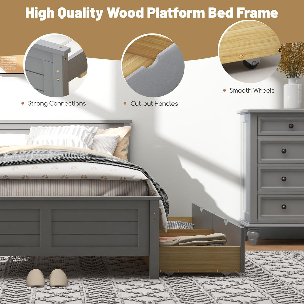GOFLAME Twin Size Bed Frame with 2 Drawers, Platform Bed with Solid Wood Headboard & Footboard, Wood Slats Support Mattress Foundation, Under Bed Storage, No Box Spring Needed, Easy Assembly, Grey
