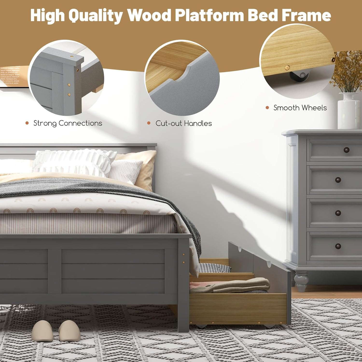 GOFLAME Twin Size Bed Frame with 2 Drawers, Platform Bed with Solid Wood Headboard & Footboard, Wood Slats Support Mattress Foundation, Under Bed Storage, No Box Spring Needed, Easy Assembly, Grey