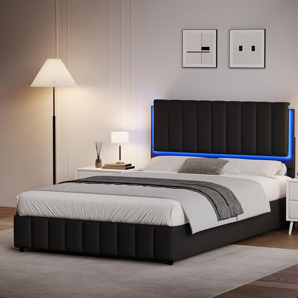 REVOMINCA Full Size Bed Frame with LED Lights, Faux Leather Upholstered Platform Bed with Headboard and Wooden Slats Support, No Box Spring Needed, Noise-Free, Easy Assembly, Black