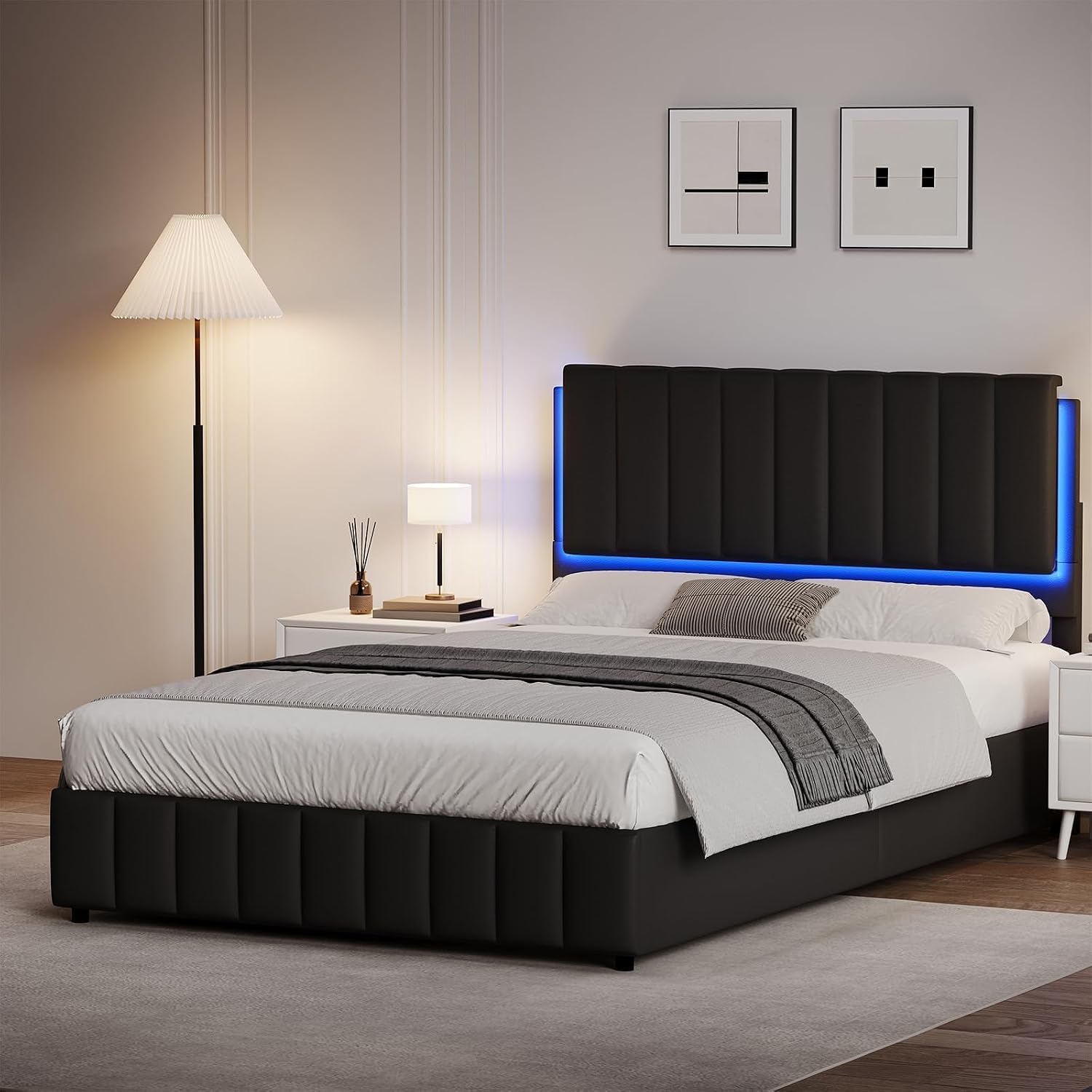 REVOMINCA Full Size Bed Frame with LED Lights, Faux Leather Upholstered Platform Bed with Headboard and Wooden Slats Support, No Box Spring Needed, Noise-Free, Easy Assembly, Black