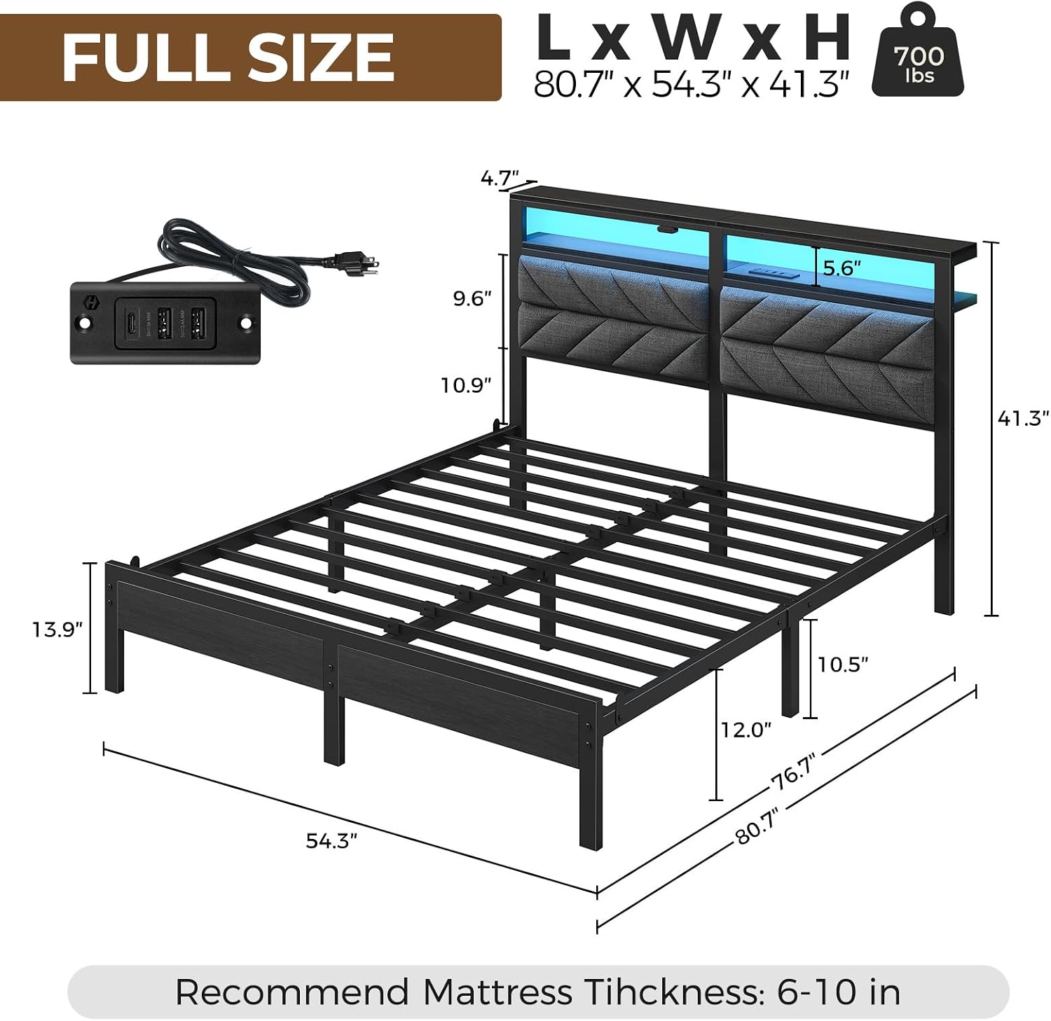 Seventable Bed Frame Full Size with Charging Station, LED Bed with Upholstered Storage Headboard, Metal Platform Bed with Under Bed Storage, No Box Spring Needed, Noise Free, Easy Assembly, Grey