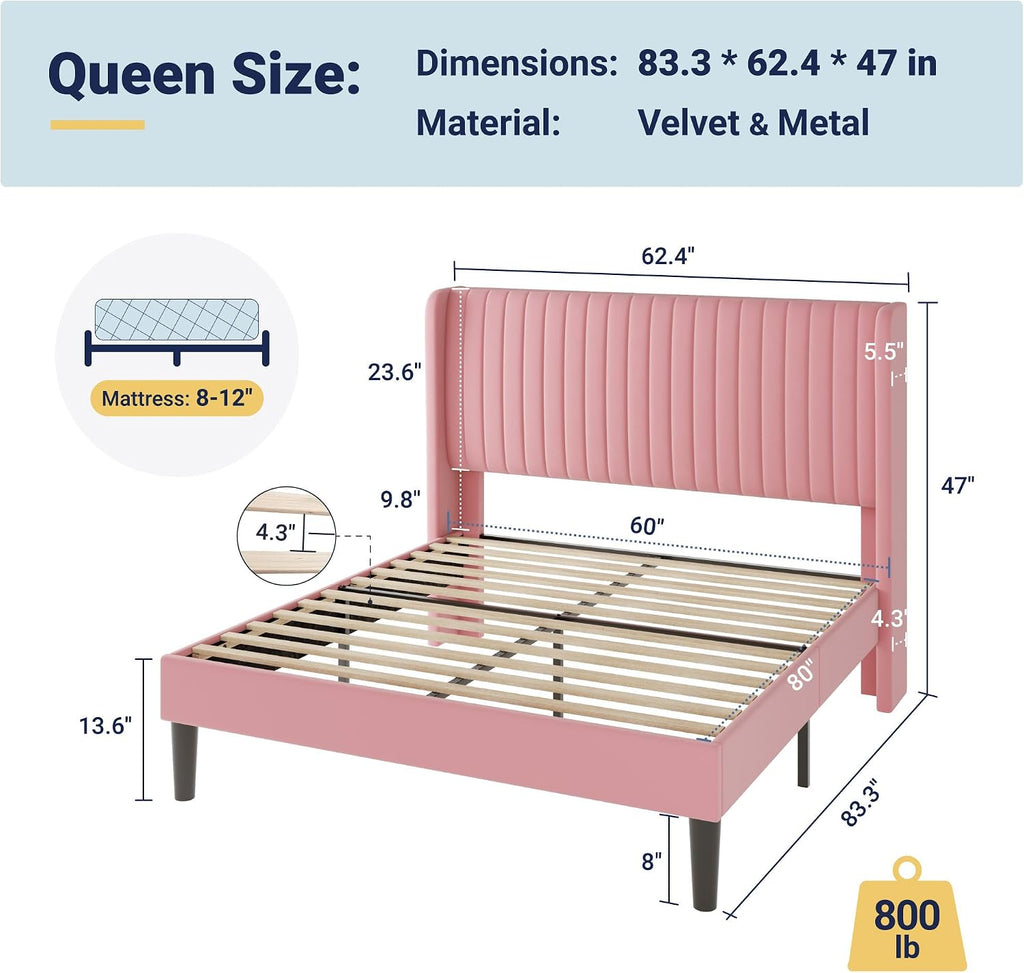 Allewie Queen Size Velvet Bed Frame/Vertical Channel Tufted Wingback Headboard/Upholstered Platform Bed/Strong Wooden Slats/No Box Spring Needed/Easy Assembly/Pink