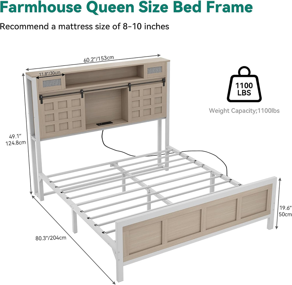 YITAHOME Farmhouse Bed Frame Queen Size, 49.14' Tall Storage Headboard, Led Light & Charging Station, Sliding Barn Door, Wooden Platform Bed Frame, Metal Slats Support, No Box Spring Needed, Oak