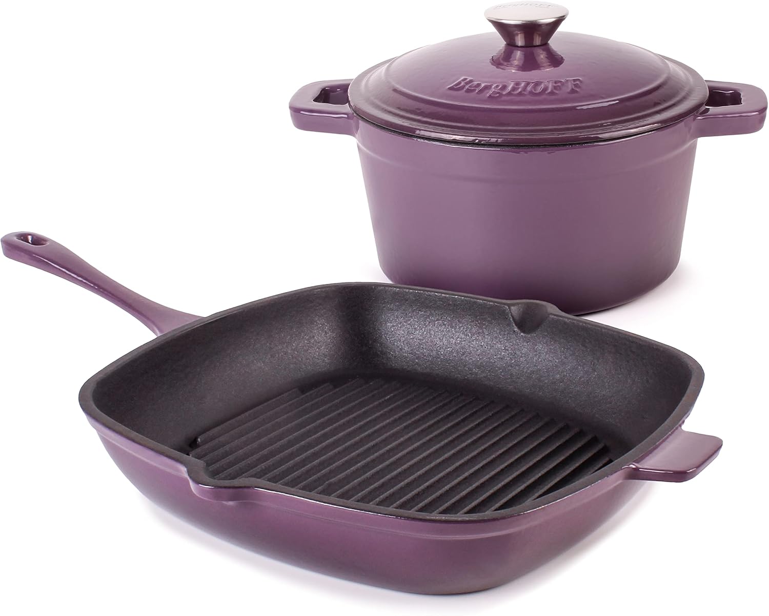 BergHOFF 3Pc Neo Enameled Cast Iron Cookware Set, 3qt. Dutch Oven, Matching Lid, Square Grill Pan 11 Inches, Oven Safe Up To 400°F, Purple