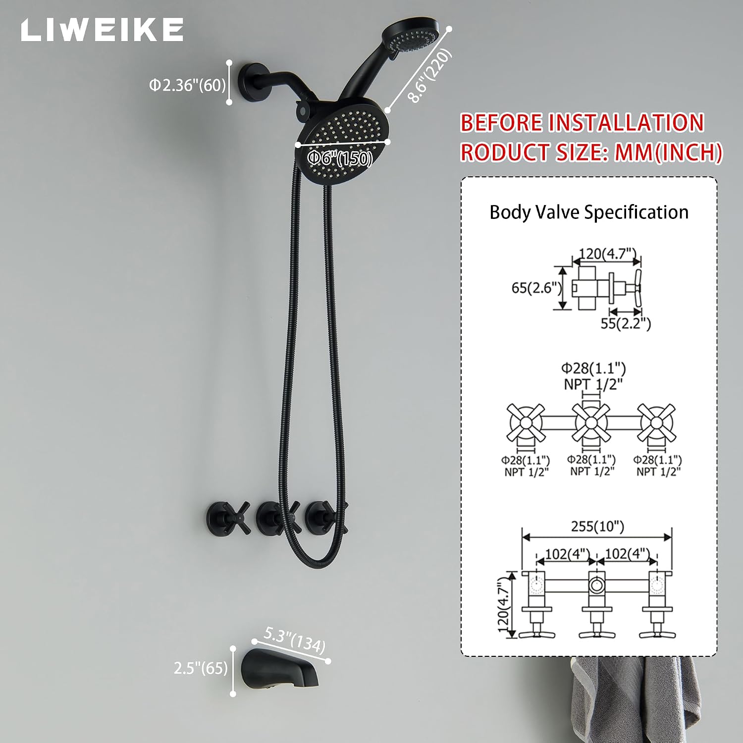 LIWEIKE 3 Handle Tub Shower Faucet, Matte Black Three Handles and Tub Spout Faucet Set Black Shower Faucet 3 Knob Brass Rough-in Valve
