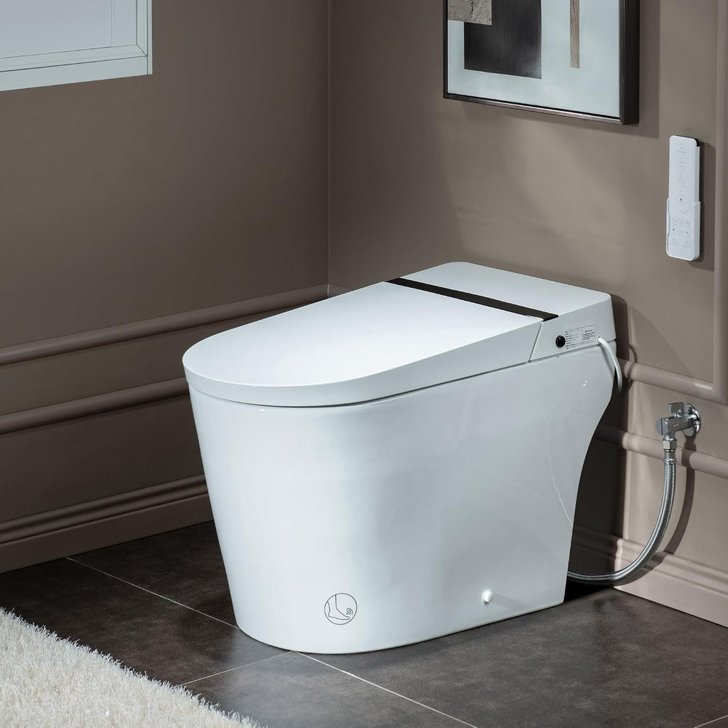 WOODBRIDGE B0990S One Piece Elongated Smart Toilet Bidet with Auto Open & Close, Auto Flush, Foot Sensor Flush, LED Temperature Display, Heated Seat and Integrated Multi Function Remote Control, White