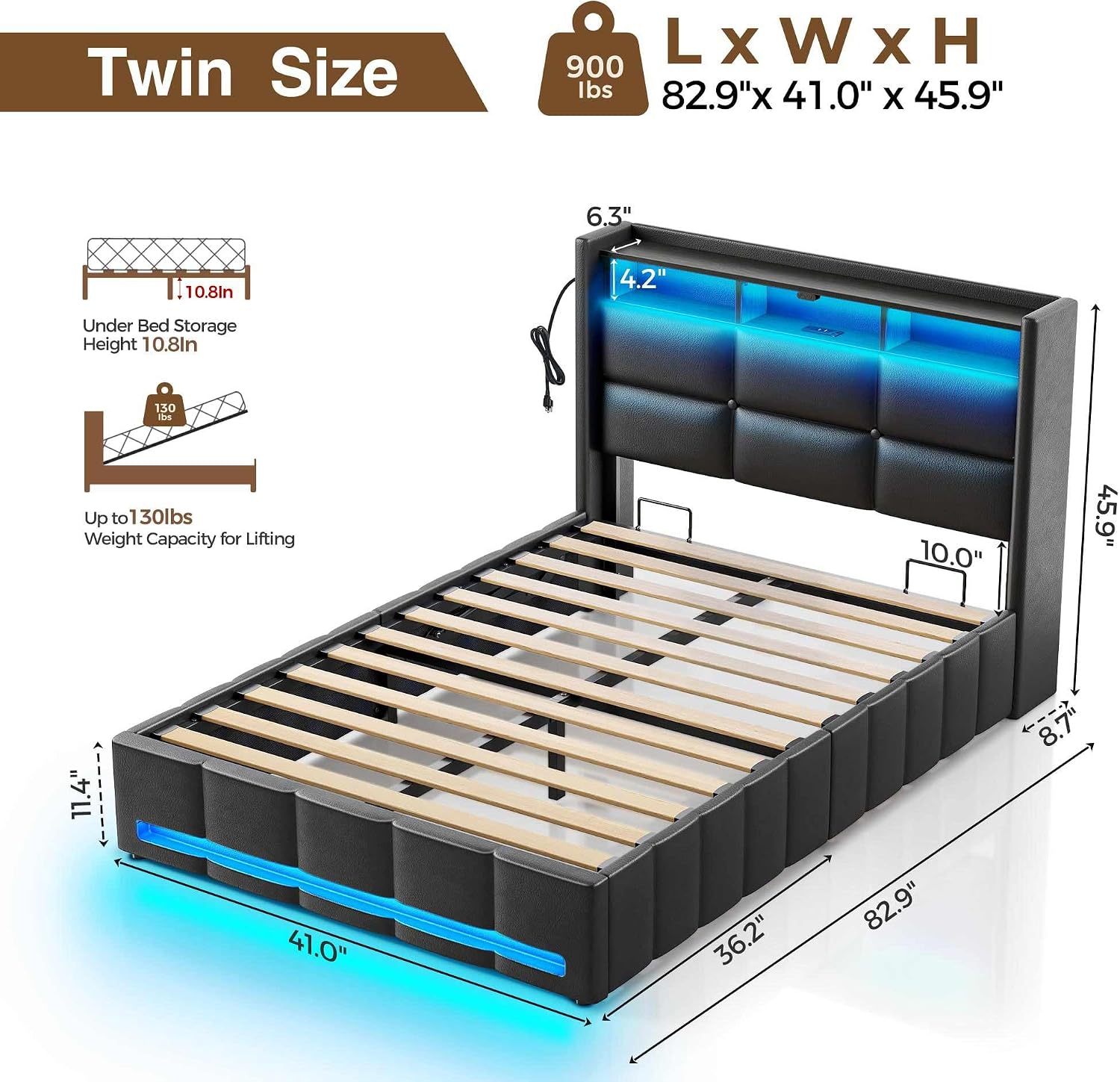 Rolanstar Bed Frame Twin Size with Lift Up Storage, Charging Station & LED Lights, Upholstered Storage Headboard, Heavy Duty Wooden Slats, No Box Spring Needed, Noise Free, Easy Assembly, Black