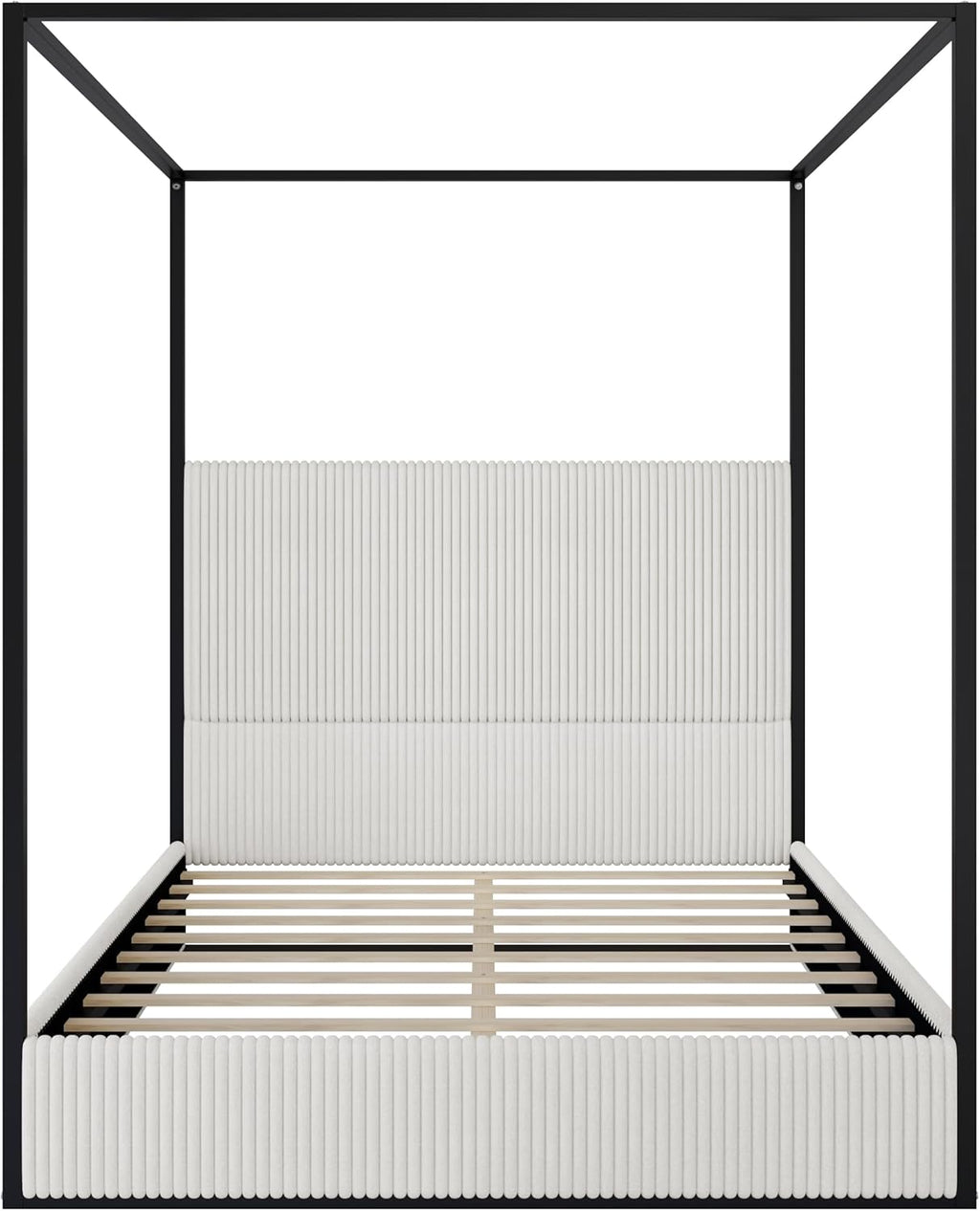 Queen Size Canopy Bed with Tall Upholstered Channel Headboard, Metal 4 Poster Upholstered Bed, No Box Spring Needed (Black + White, Queen)