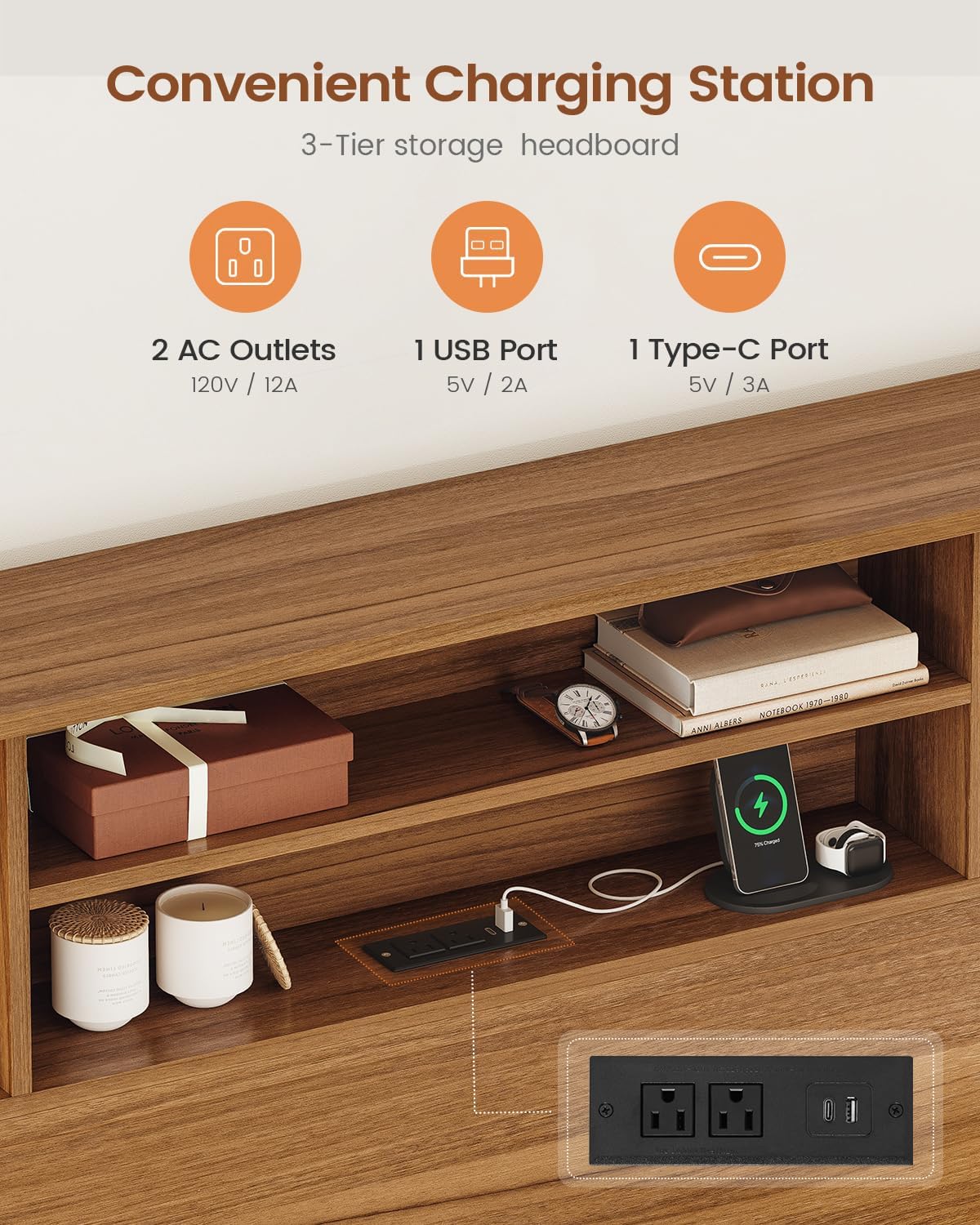 Queen Bed Frame with 4 Storage Drawers and 3 Tier Storage Headboard, Black Wooden Bed Frame Queen Size with Charging Station and 3 Color- Lightbox, No Box Spring Needed,Wood