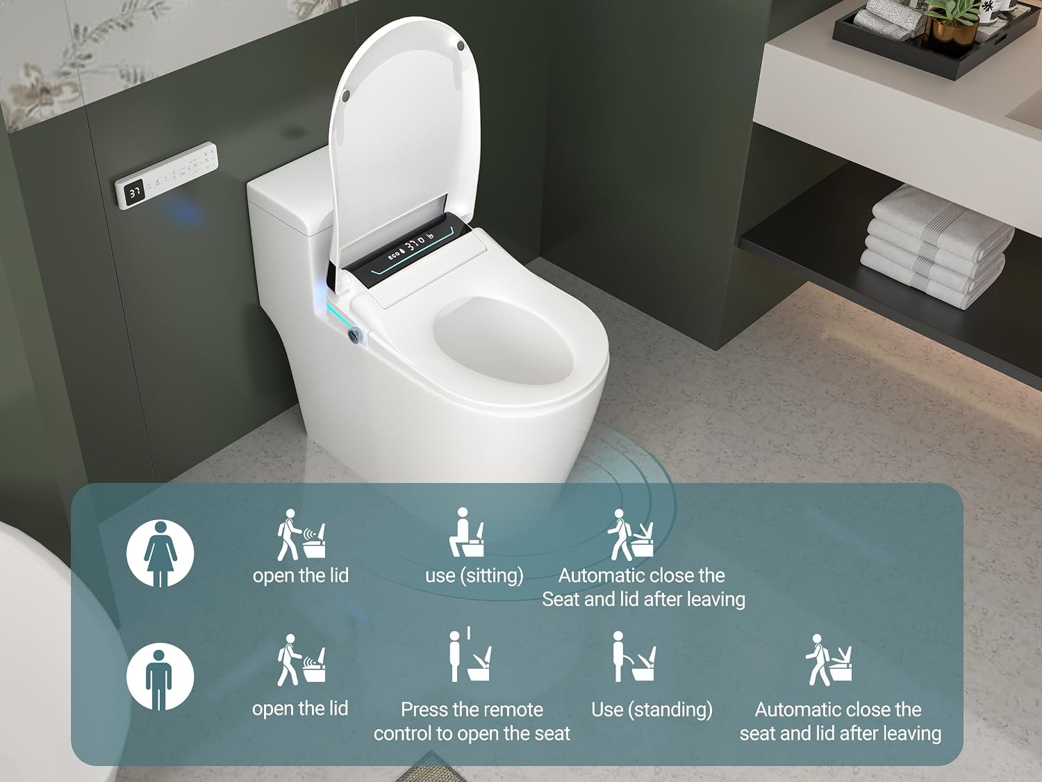 MEJE #001U-Electric Bidet Seat for Elongated Toilets with Remote and LED Display,Auto Open and Close,Heated Toilet Seat (White)