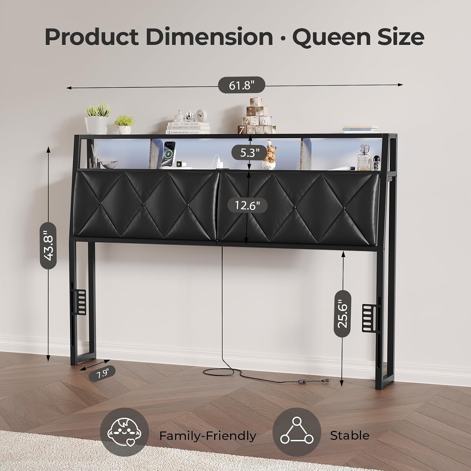 Queen Headboard Only, Headboard for Queen Size Bed with Storage, Upholstered Headboards with LED Lights & Charging Station, Attach Frame, Ideal for Bedroom/Dorm/Guest Room, Black, Faux Leather
