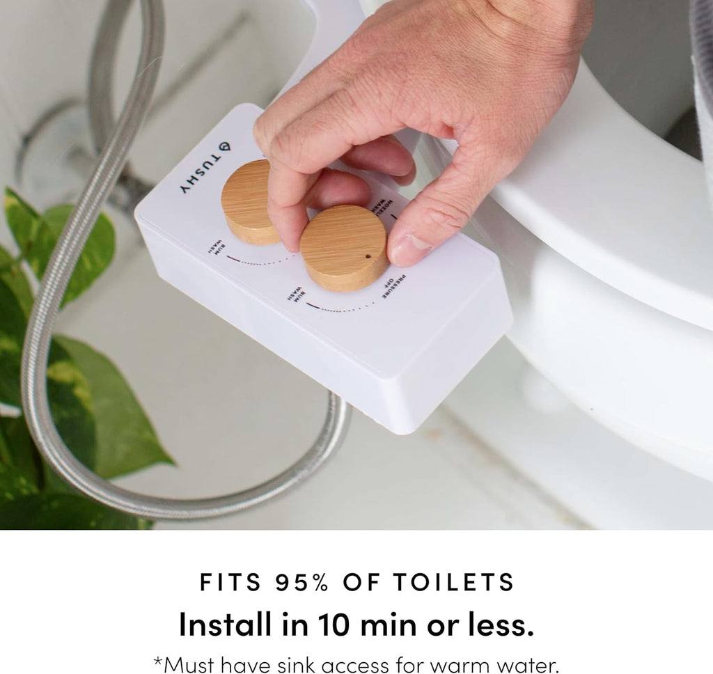 TUSHY Spa Self-Cleaning Warm Water Toilet Bidet Attachment. Adjustable Nozzle, Angle & Pressure. Easy DIY Home Install, Requires Sink Access for Optional Warm Water Control. (Biscuit/Brushed Nickel)